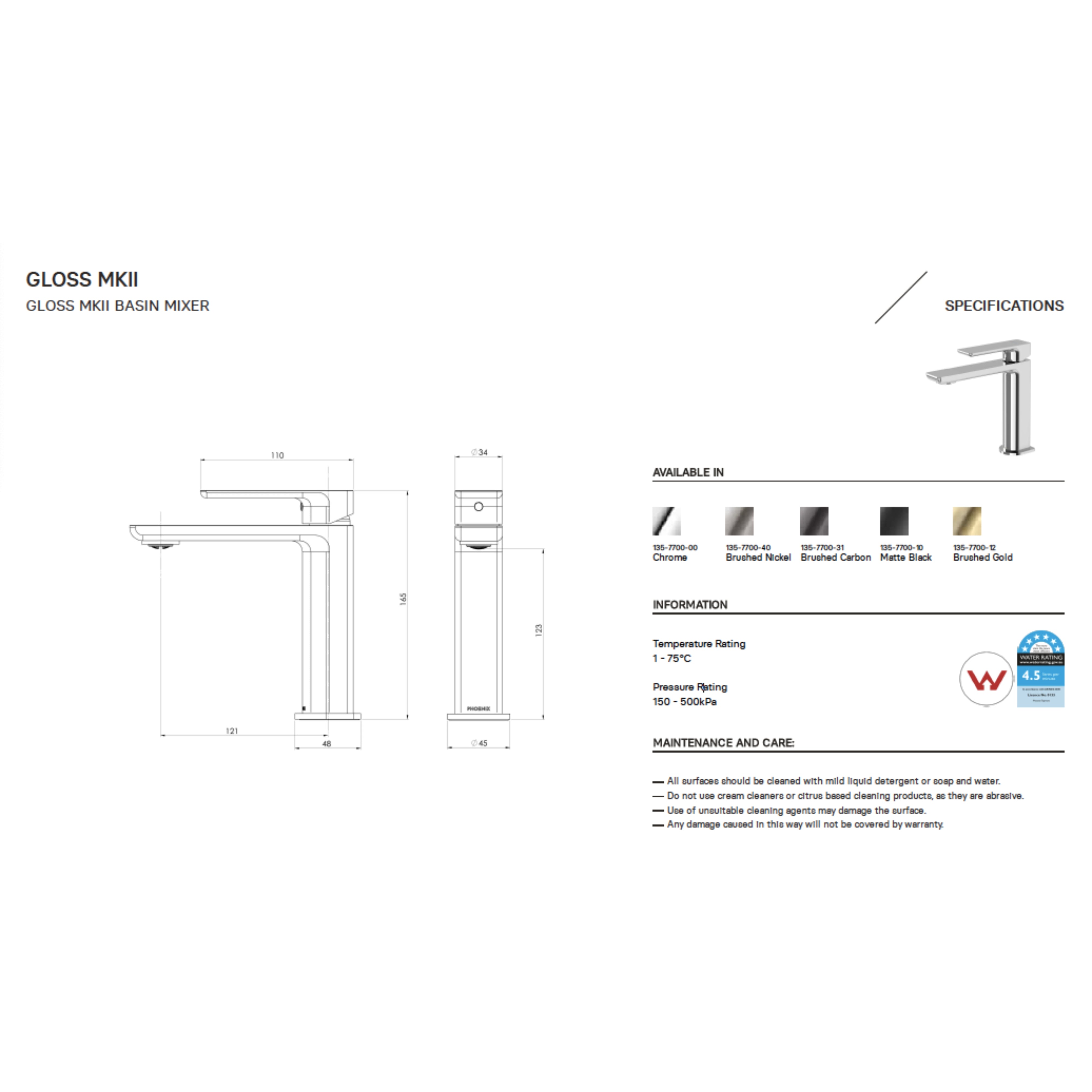 PHOENIX GLOSS MKII BASIN MIXER 165MM CHROME