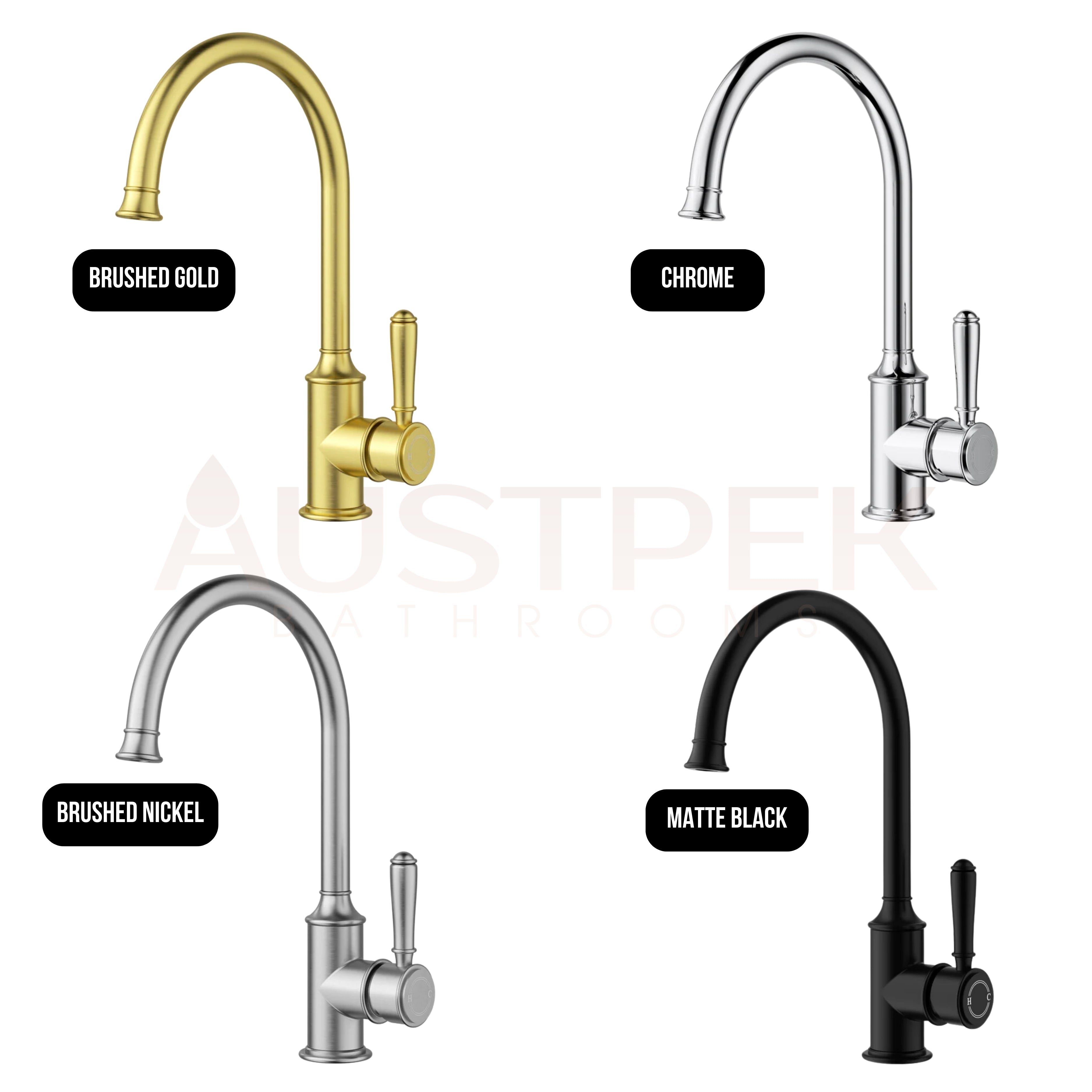 IKON CLASICO GOOSENECK SINK MIXER 340MM BRUSHED GOLD (BRASS HANDLE)