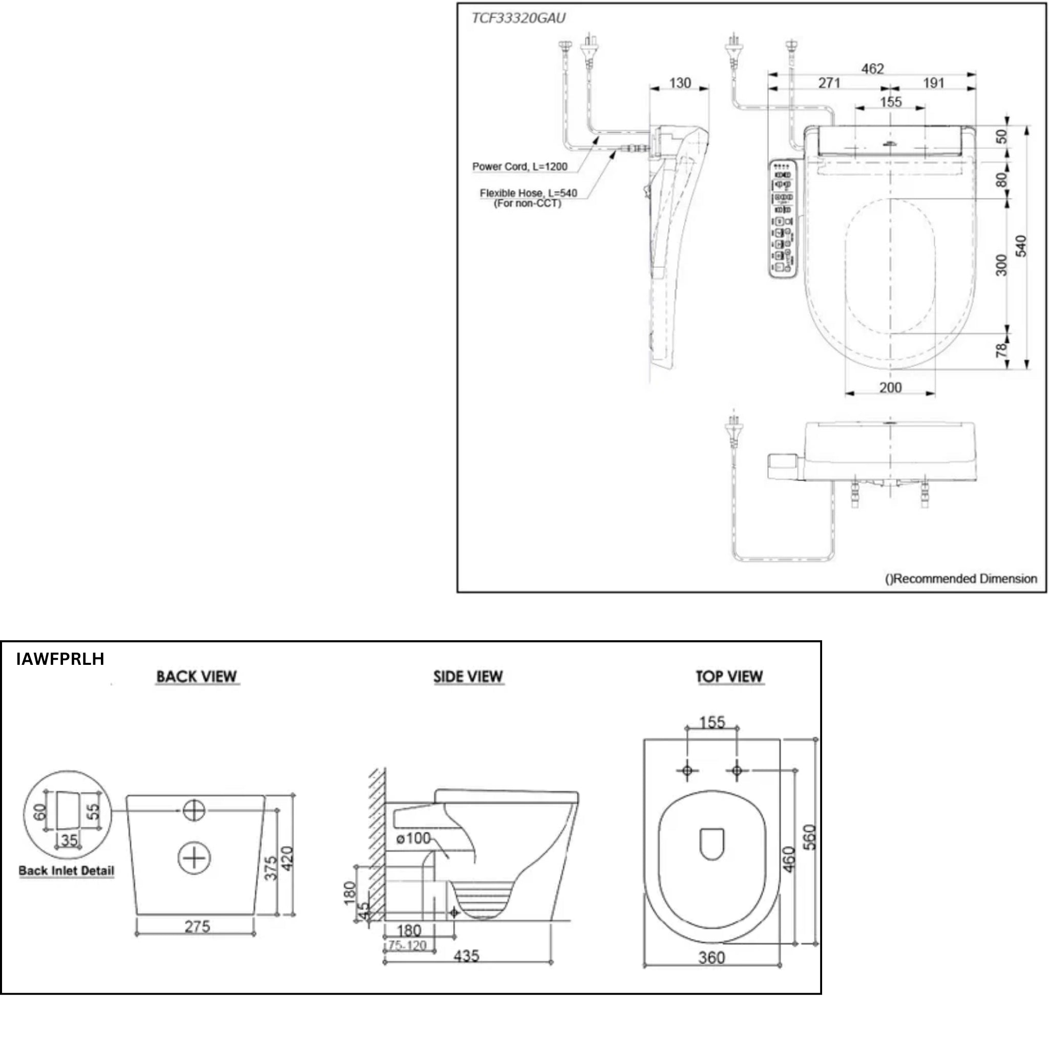 TOTO S2 WASHLET W/ SIDE CONTROL AND INSPIRE WALL FACED RIMLESS TOILET PACKAGE D-SHAPED GLOSS WHITE