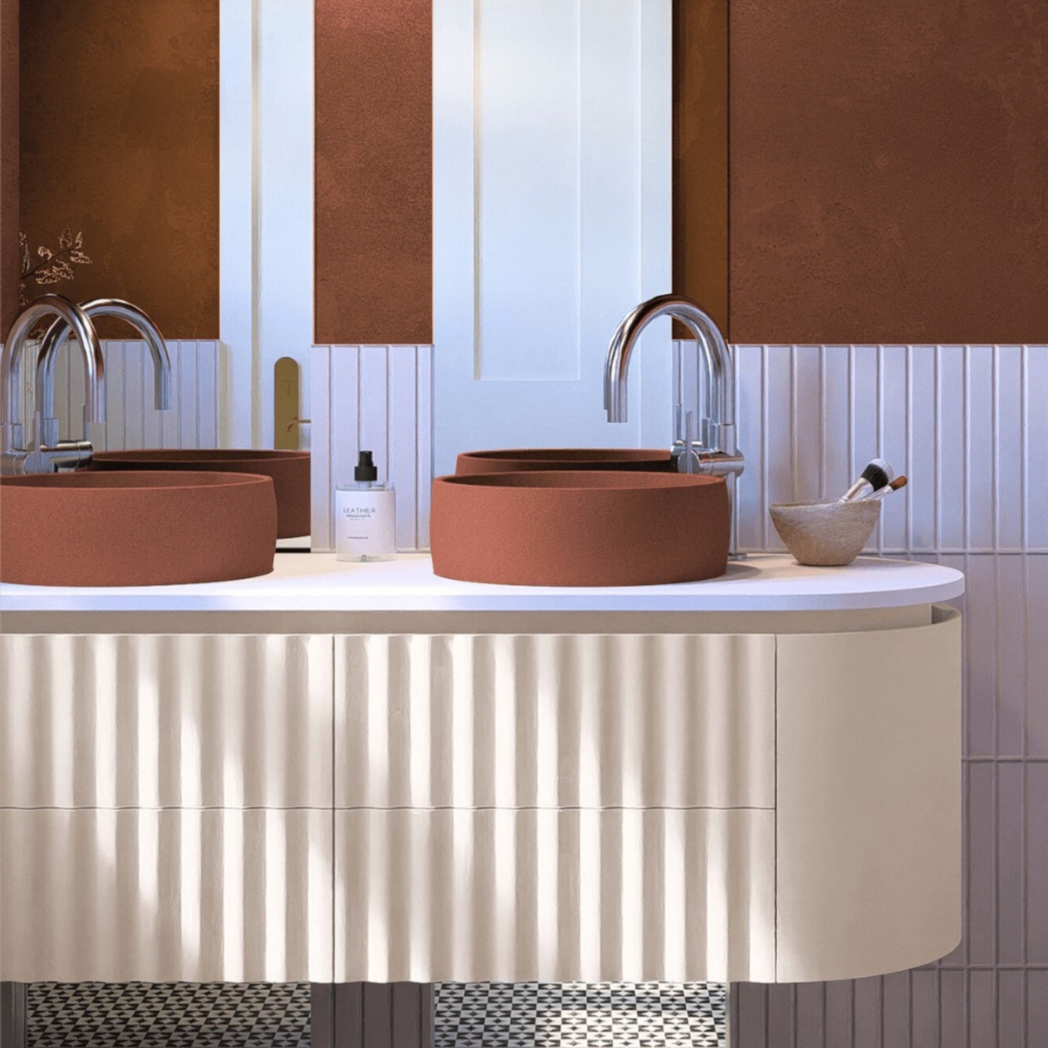 JOINERY BY BEARS WAVE SANDY 1500MM CURVE DOUBLE BOWL WALL HUNG VANITY