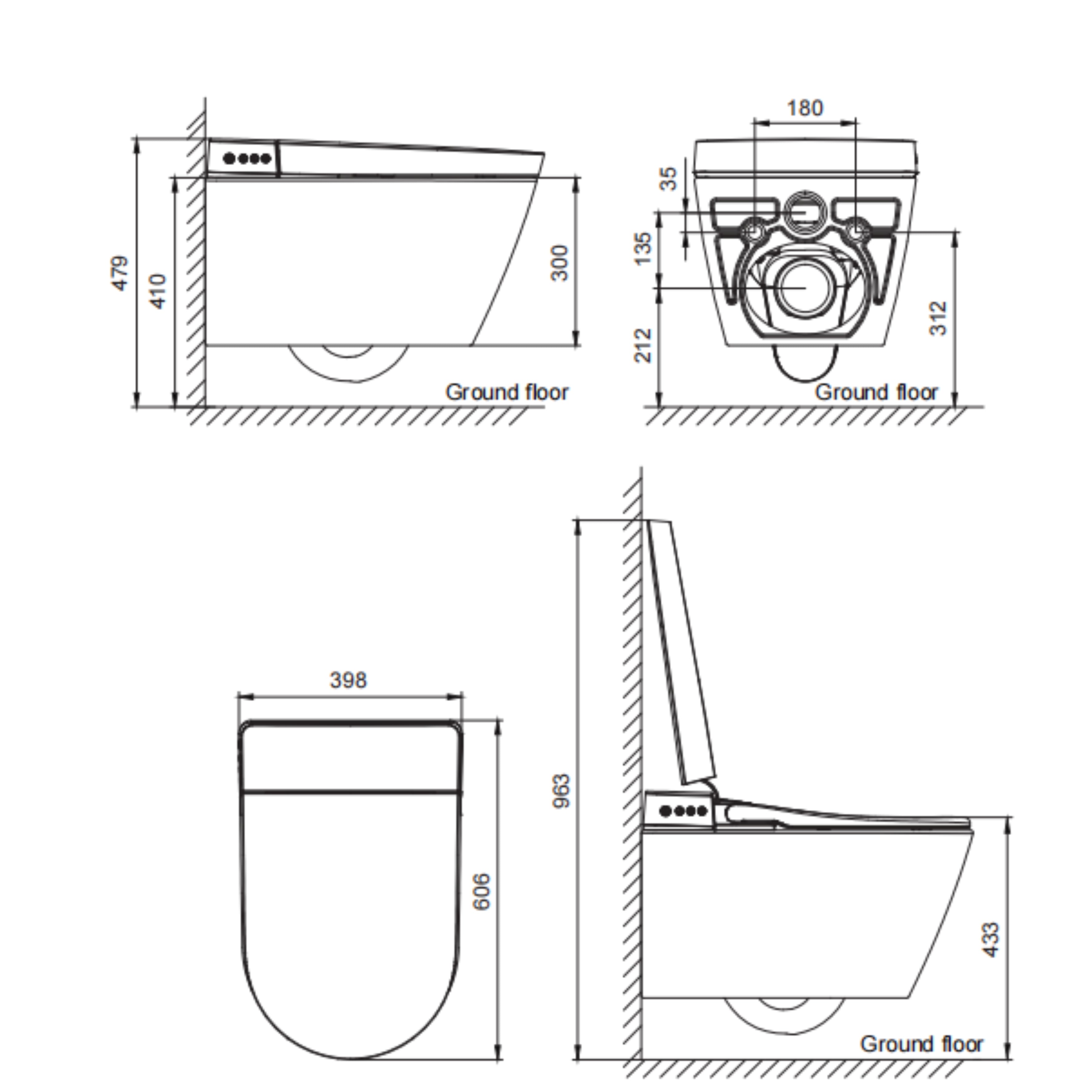 JOMOO RIMLESS WALL HUNG SMART TOILET PACKAGE W/ INWALL CISTERN PUSH BUTTON AND REMOTE CONTROL (D-SHAPE) GLOSS WHITE