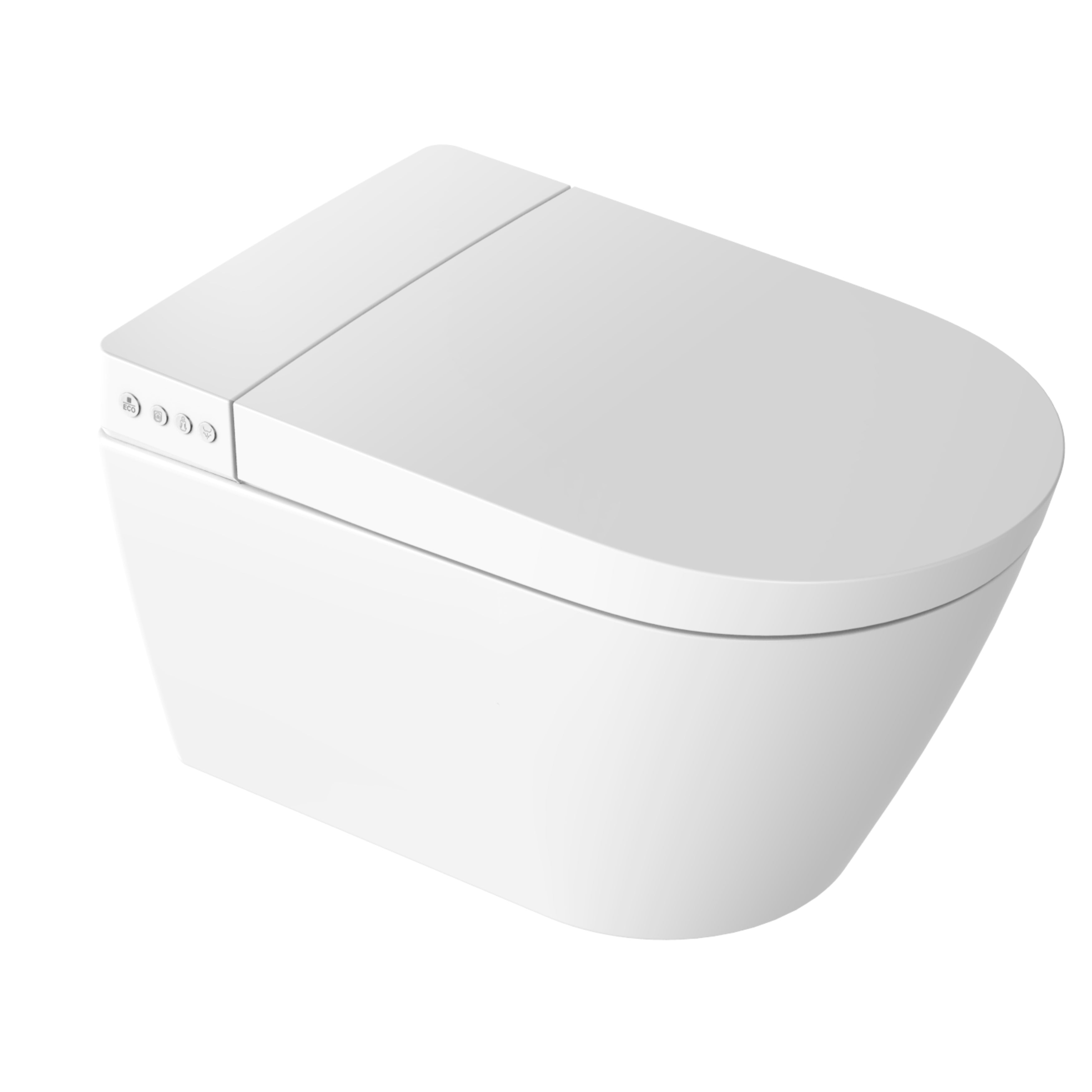 JOMOO RIMLESS WALL HUNG SMART TOILET PACKAGE W/ INWALL CISTERN PUSH BUTTON AND REMOTE CONTROL (D-SHAPE) GLOSS WHITE