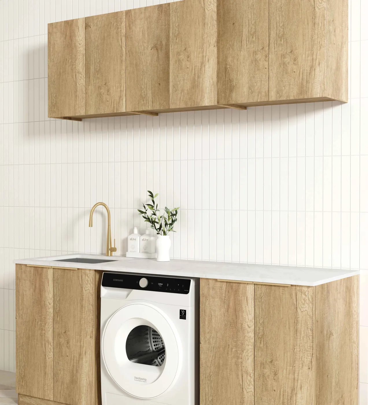 OTTI BYRON NATURAL OAK 1960MM LAUNDRY AND WALL CABINET WITH STONE TOP & SINK (PACKAGE-B)