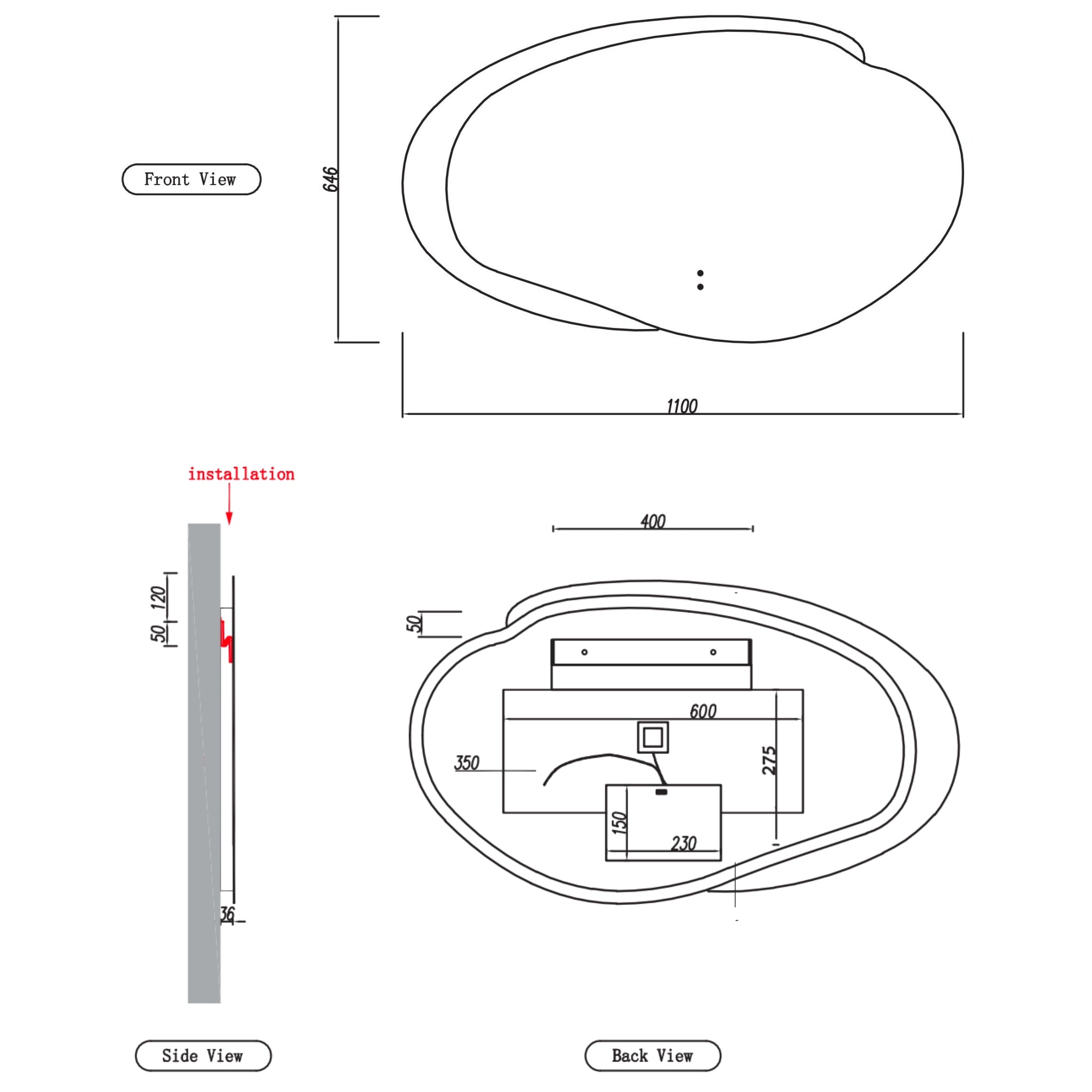 AULIC EVANSTONE ASYMMETRICAL FRAMELESS LED MIRROR MATTE WHITE 1100MMX646MM