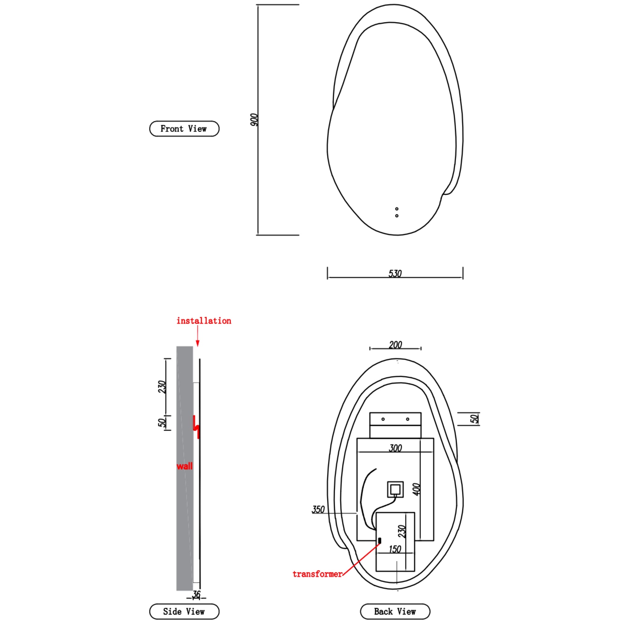 AULIC EVANSTONE ASYMMETRICAL FRAMELESS LED MIRROR MATTE WHITE 530X900MM