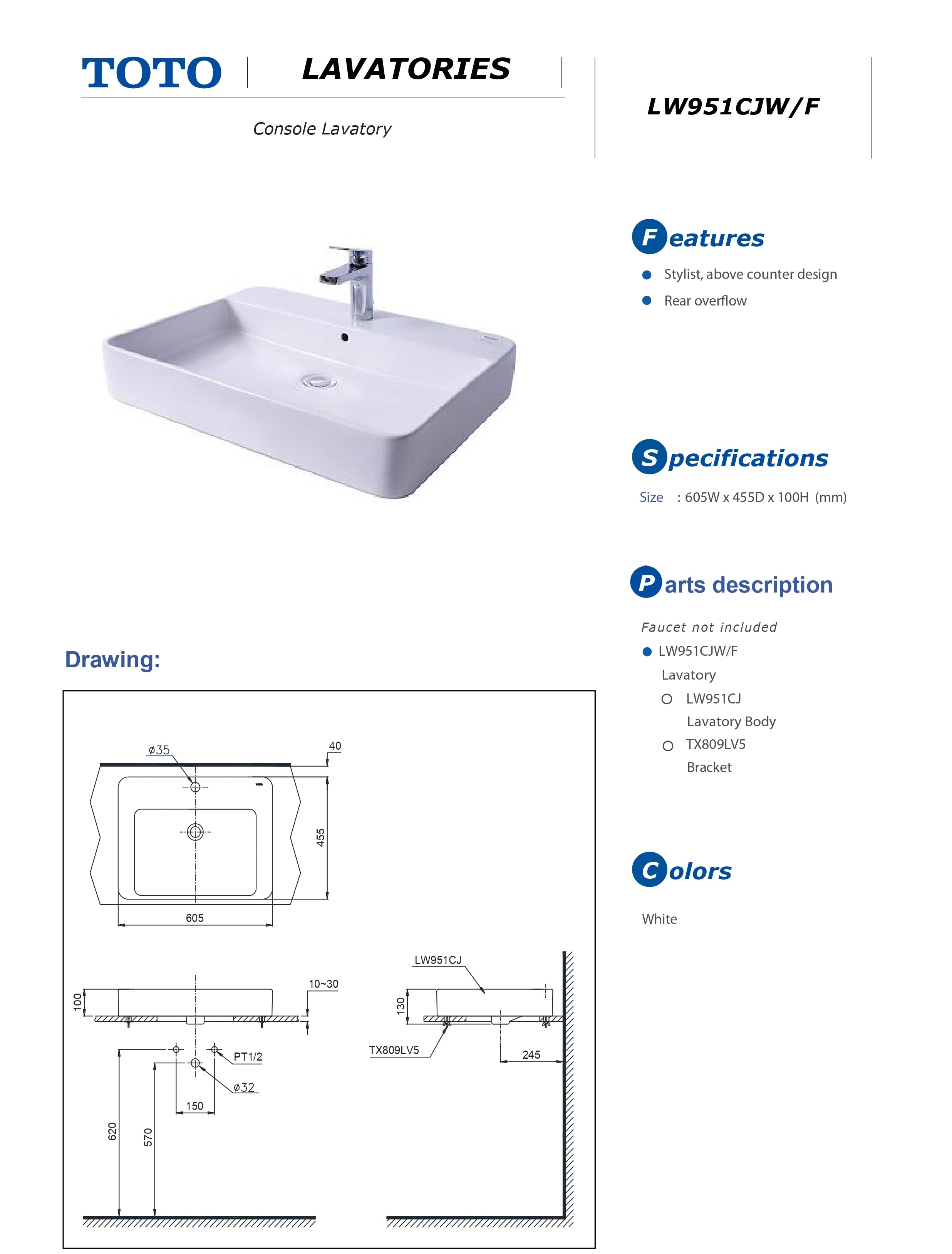 TOTO CONSOLE LAVATORY WITH BRACKET WHITE 605MM