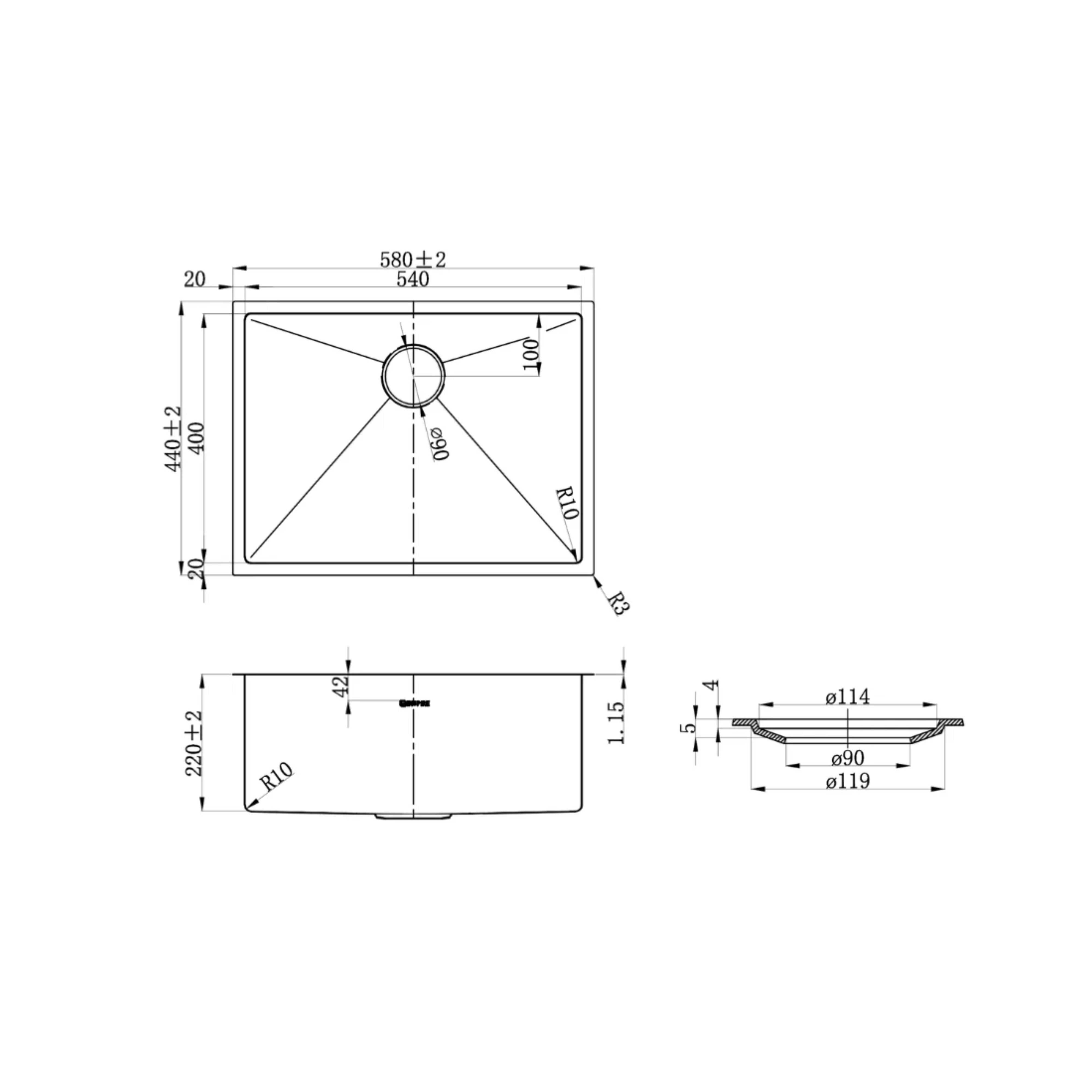 OTTI AXON SINGLE BOWL KITCHEN SINK GUN METAL 580MM