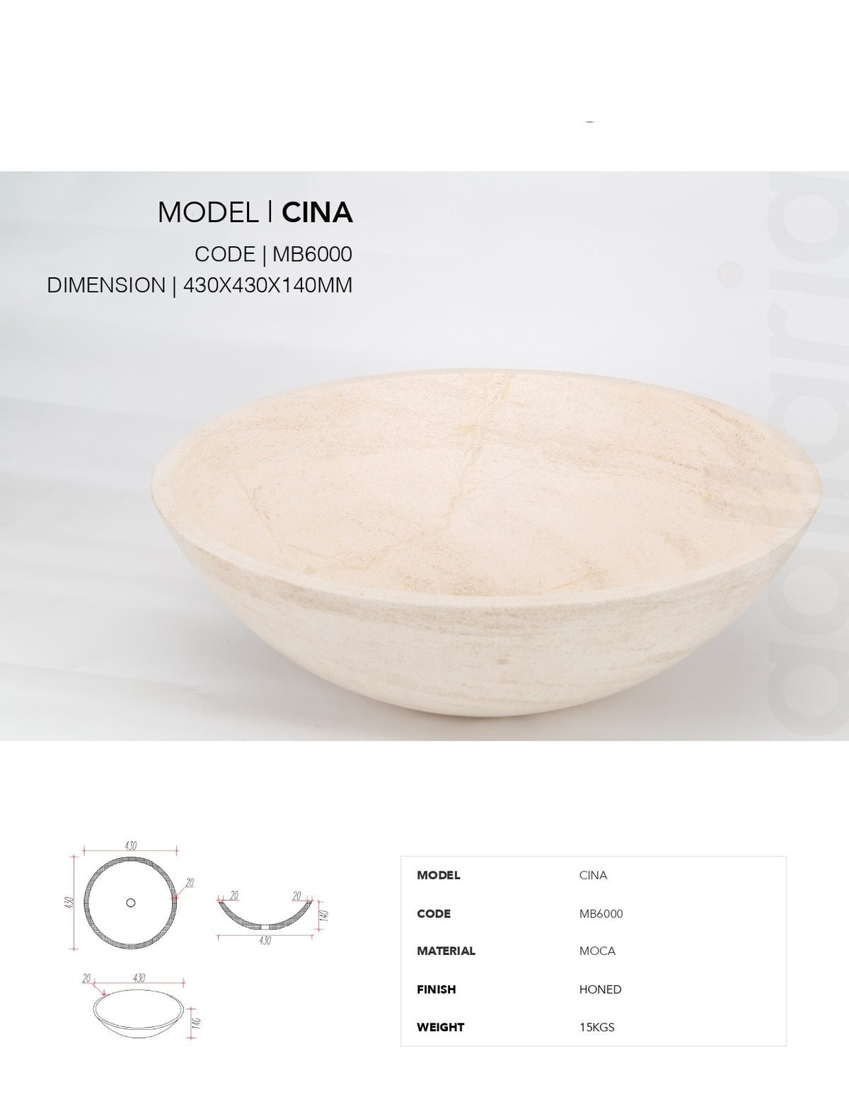 GALLARIA CINA ROUND ABOVE COUNTER STONE BASIN MOCHA 430MM