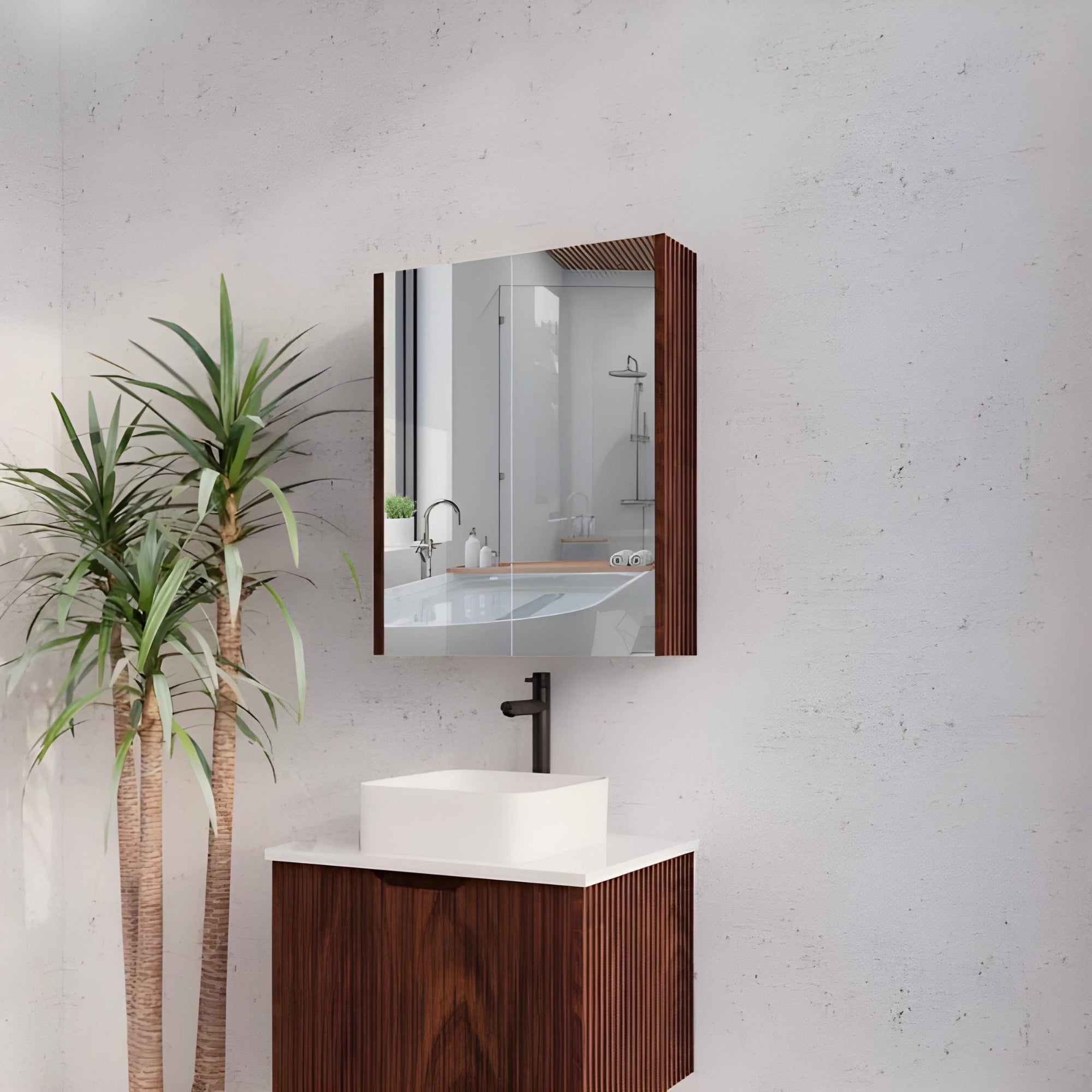 RIVA GENEVA FLUTED BROWN OAK MIRROR SHAVING CABINET 600MM