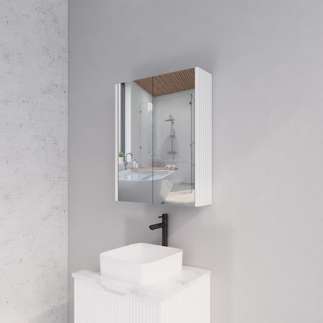 RIVA GENEVA MATTE WHITE FLUTED MIRROR CABINET 600MM