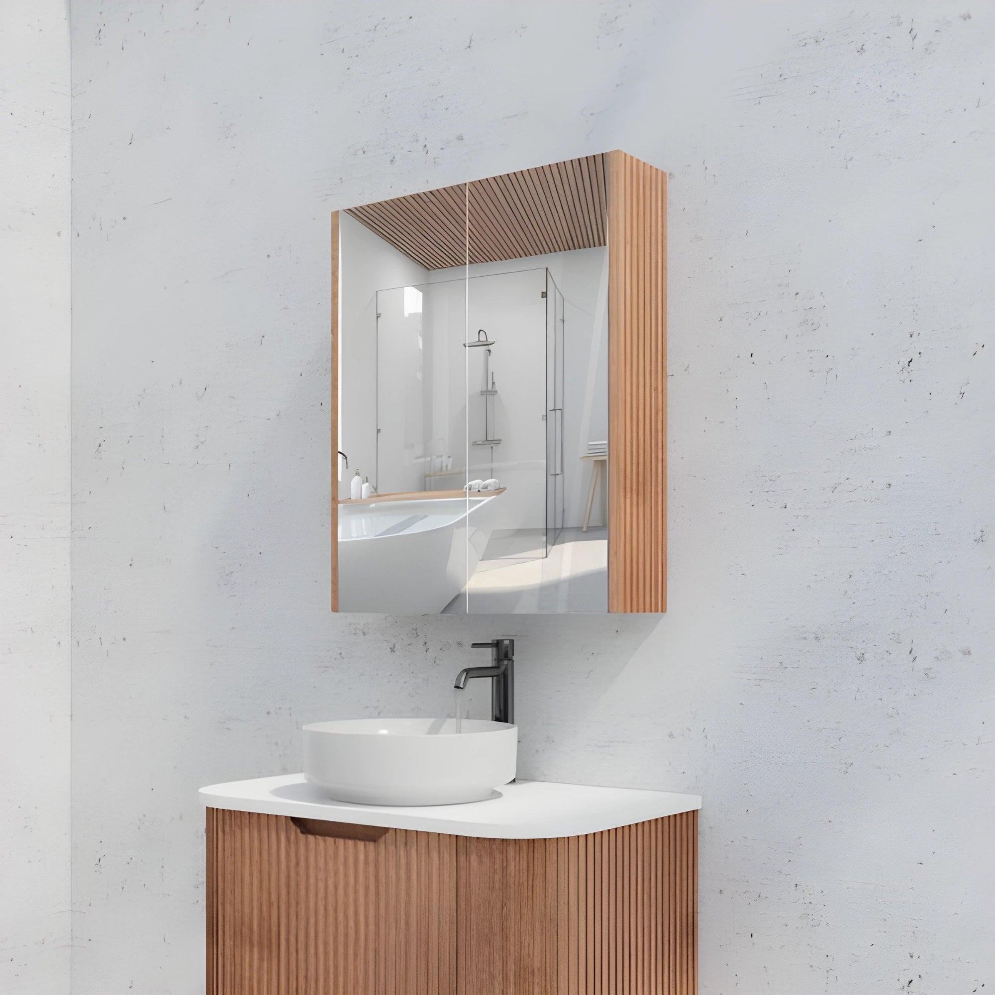 RIVA GENEVA FLUTED SOLID TIMBER MIRROR SHAVING CABINET 600MM