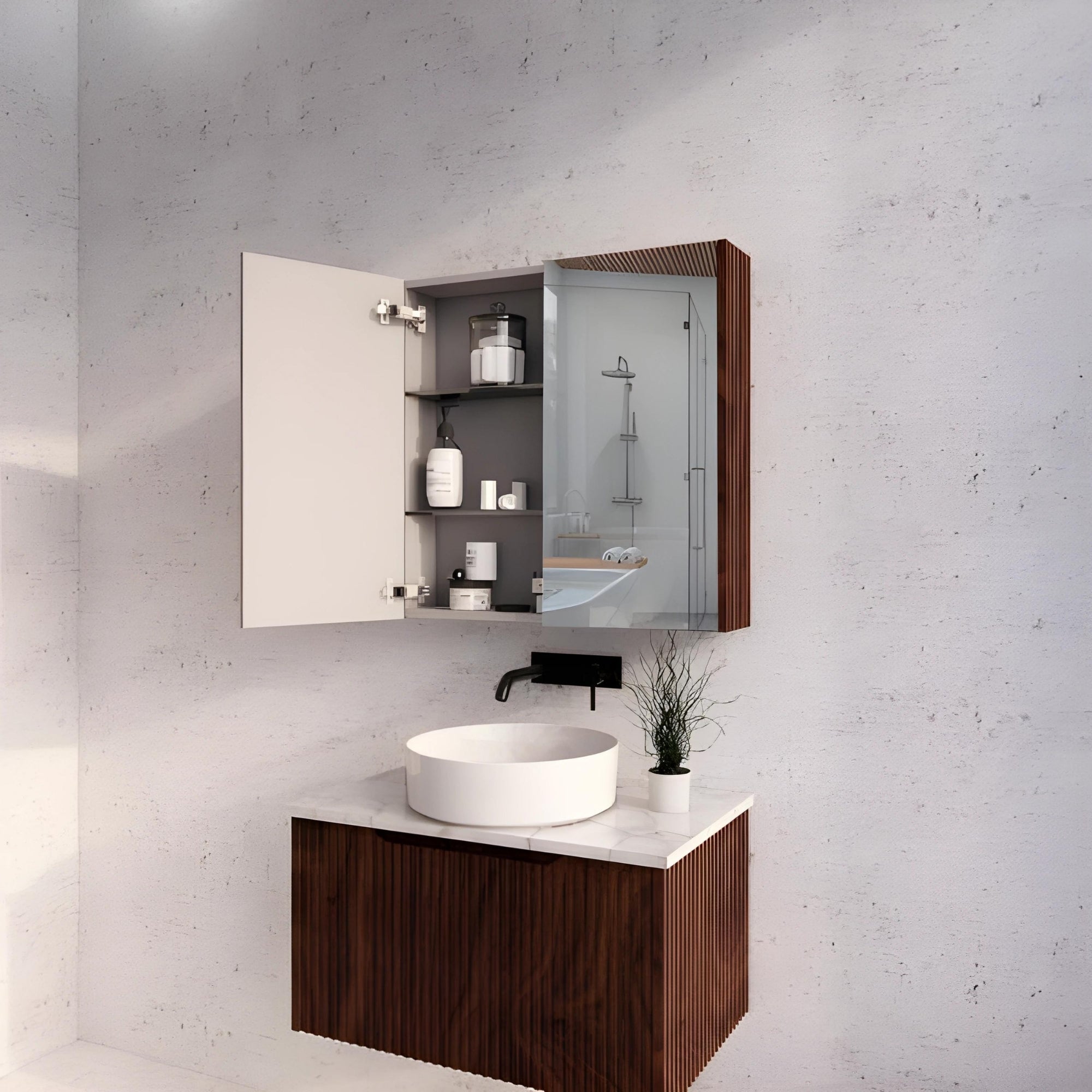 RIVA GENEVA FLUTED BROWN OAK MIRROR SHAVING CABINET 750MM