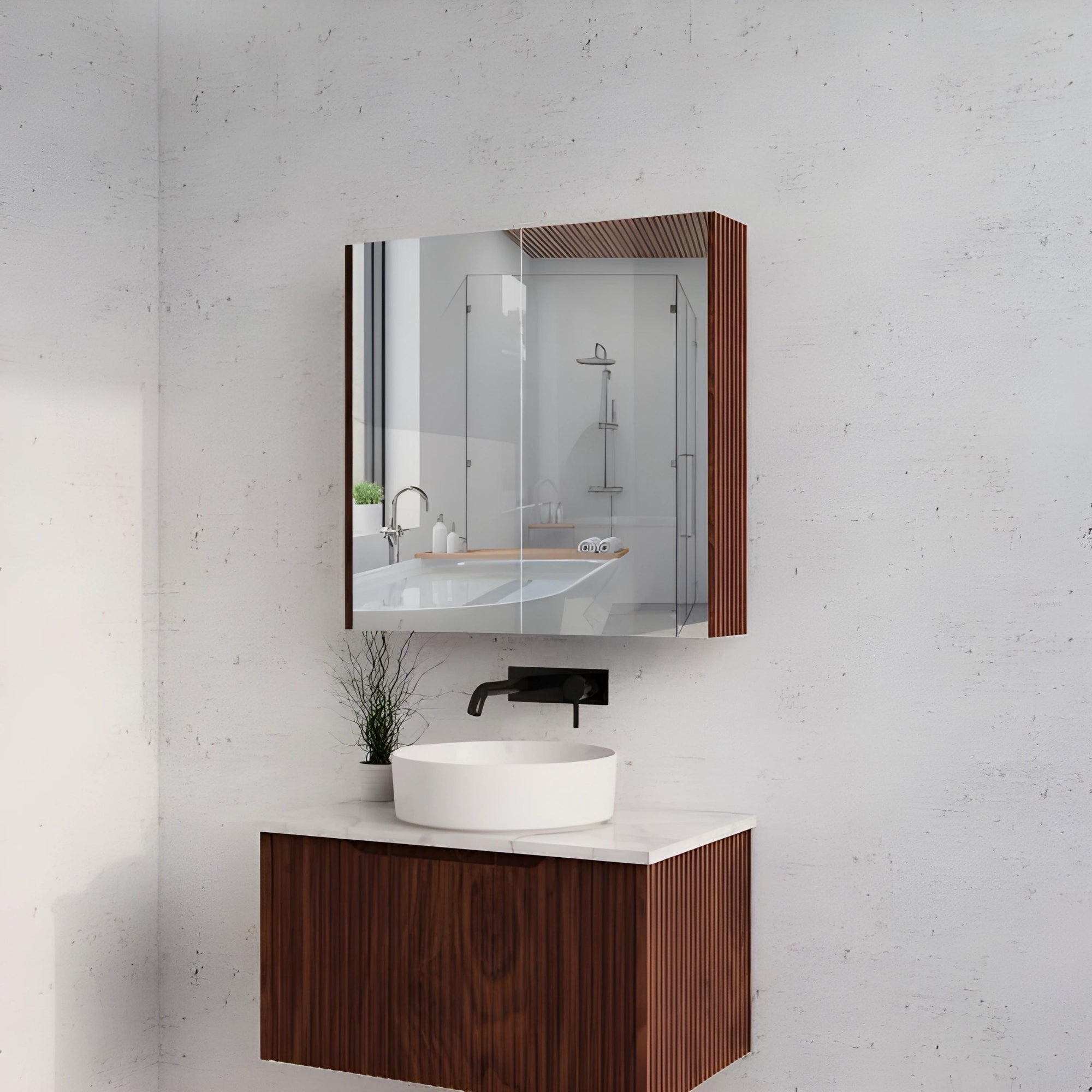 RIVA GENEVA FLUTED BROWN OAK MIRROR SHAVING CABINET 750MM