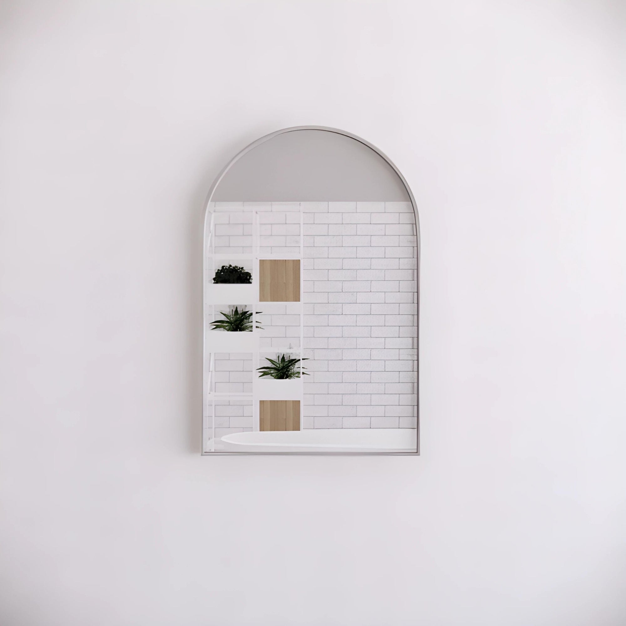 RIVA FRAMED ARCH MIRROR WALL MOUNTED BRUSHED NICKEL 900MM