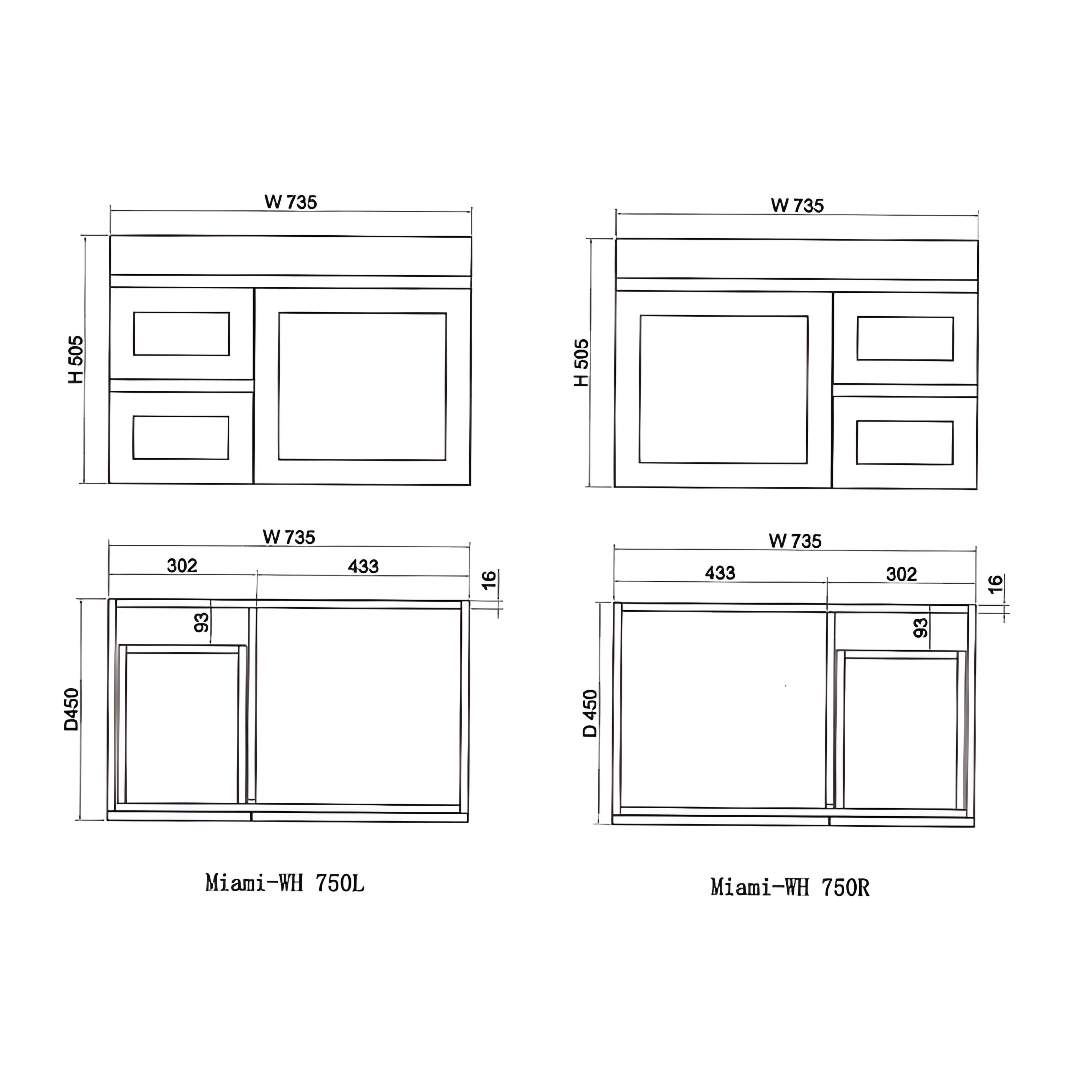 RIVA MIAMI MATTE WHITE 750MM SINGLE BOWL WALL HUNG VANITY (AVAILABLE IN LEFT AND RIGHT HAND DRAWER)