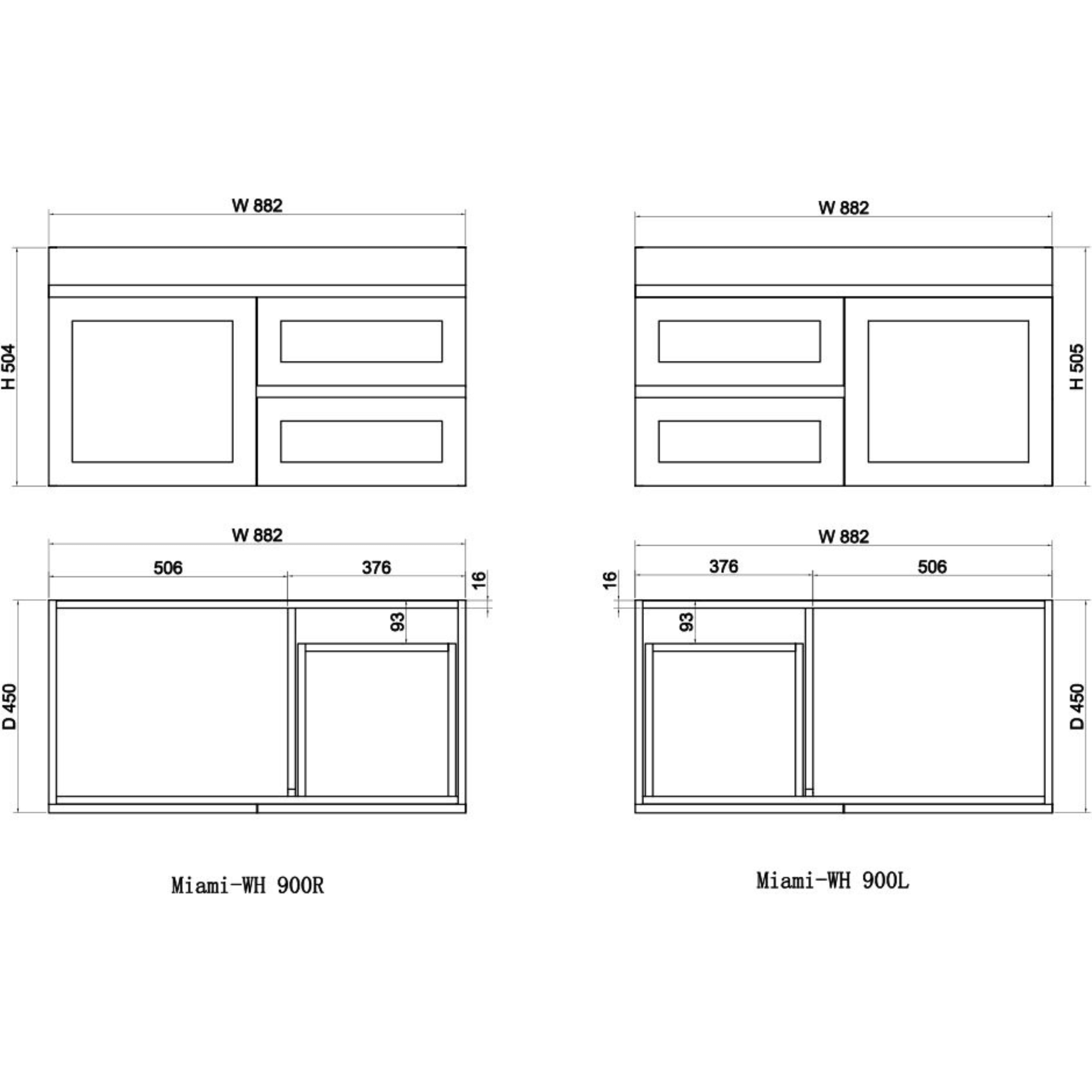 RIVA MIAMI MATTE WHITE 900MM SINGLE BOWL WALL HUNG VANITY (AVAILABLE IN LEFT AND RIGHT HAND DRAWER)