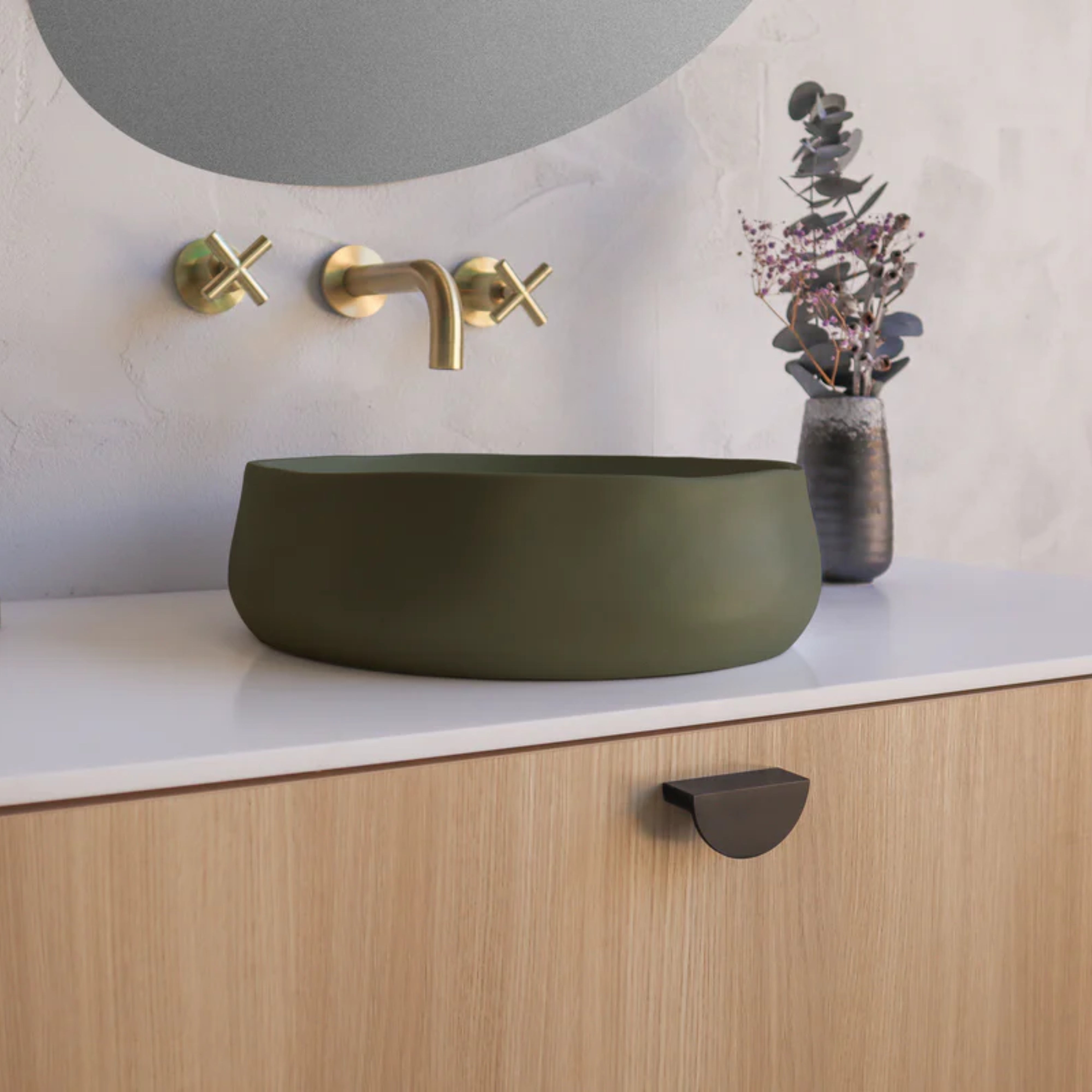 NOOD CO CONSCIOUS RANGE MILL ABOVE COUNTER / WALL HUNG BASIN OLIVE 380MM