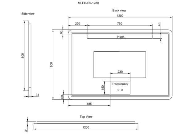 RIVA S5 FRAMELESS RECTANGLE LED MIRROR 3 COLOUR LIGHTS BACKLIT WITH DEFOGGING FUNCTION 800X1200MM