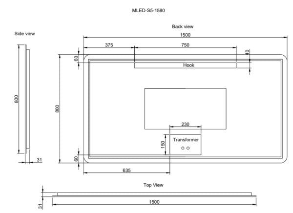 RIVA S5 FRAMELESS RECTANGLE LED MIRROR 3 COLOUR LIGHTS BACKLIT WITH DEFOGGING FUNCTION 900X1500MM