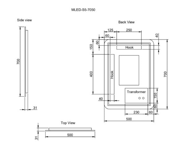 RIVA S5 FRAMELESS RECTANGLE LED MIRROR 3 COLOUR LIGHTS BACKLIT WITH DEFOGGING FUNCTION 700X500MM