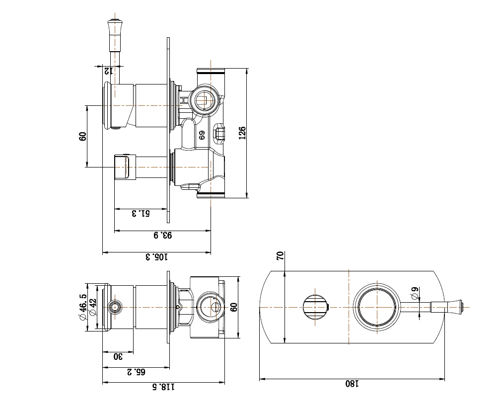 MODERN NATIONAL MONTPELLIER SHOWER DIVERTER MIXER 180MM MATTE BLACK