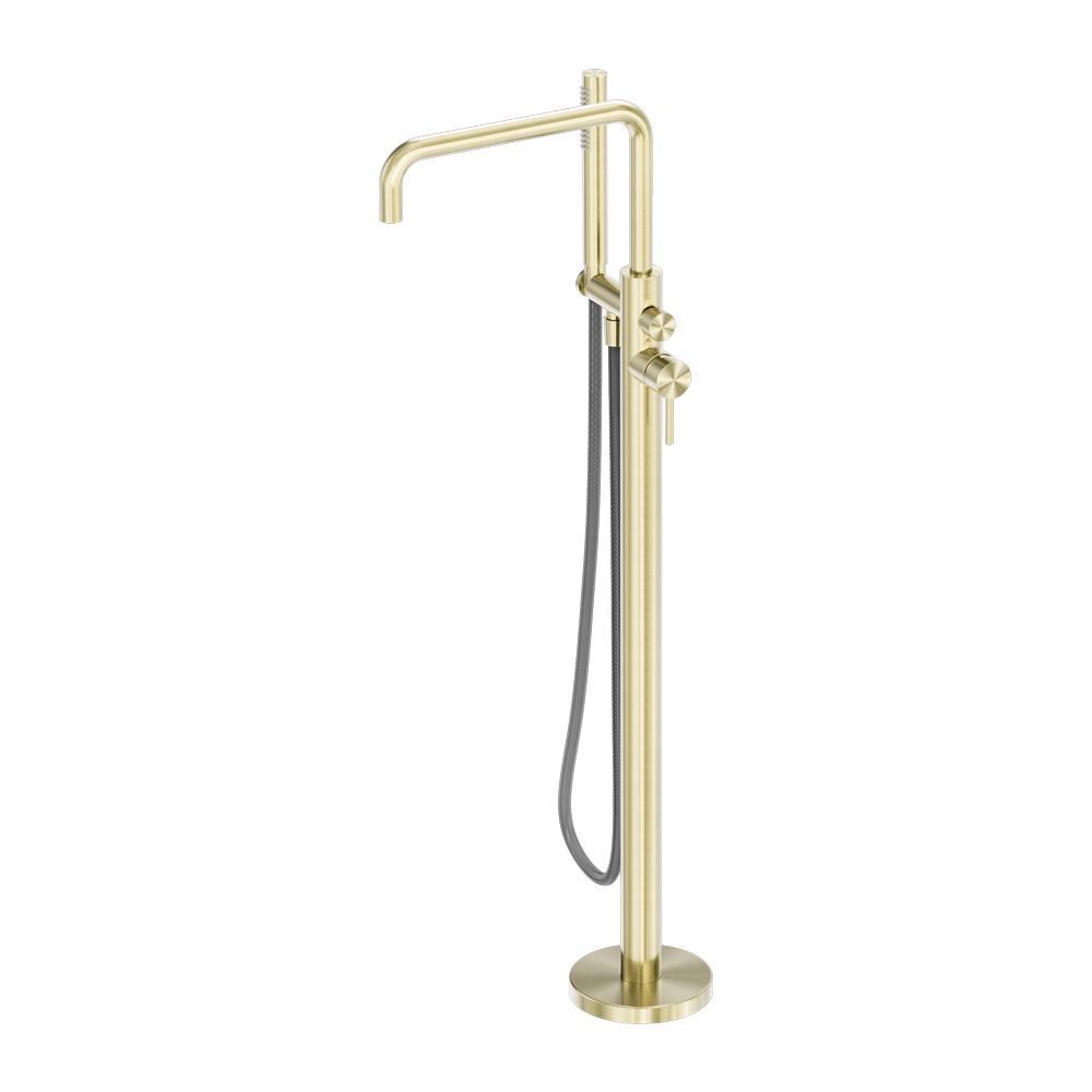 NERO ZEN FREESTANDING BATH MIXER WITH OUTDOOR SHOWER HOSE BRUSHED GOLD