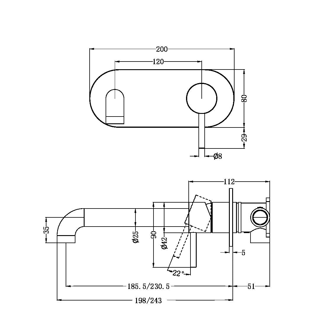 NERO ZEN WALL BASIN / BATH MIXER 185MM BRUSHED GOLD