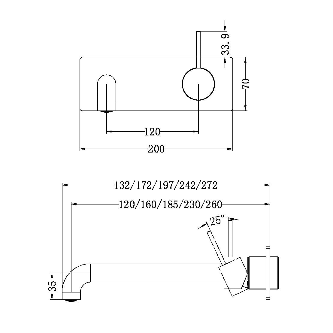 NERO MECCA WALL BASIN/ BATH MIXER HANDLE UP BRUSHED NICKEL (AVAILABLE IN 120MM,160MM, 185MM, 230MM AND 260MM)