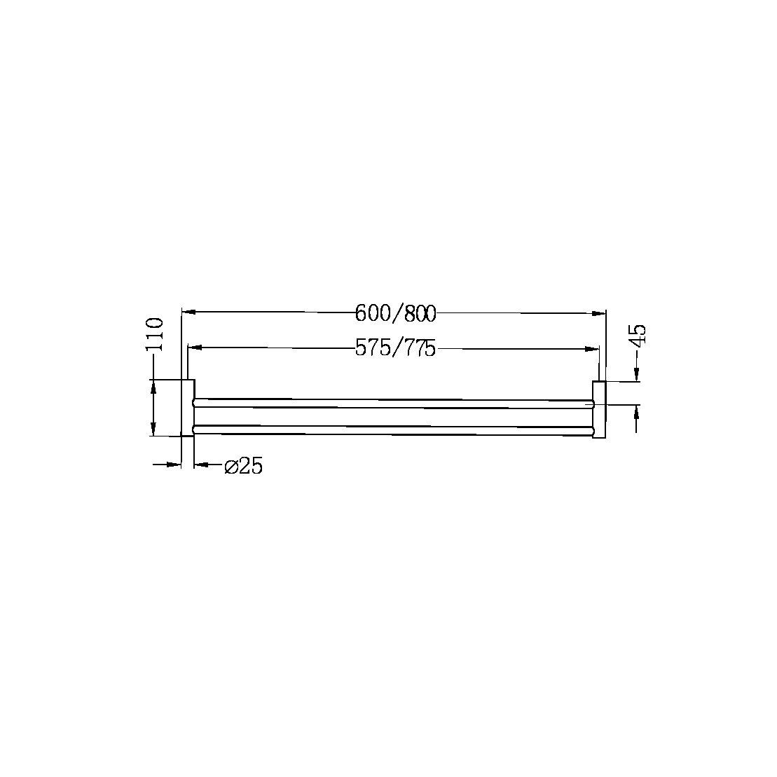 NERO MECCA DOUBLE NON-HEATED TOWEL RAIL GUN METAL (AVAILABLE IN 600MM AND 800MM)