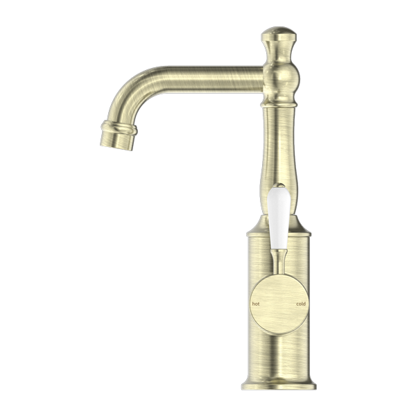 NERO YORK BASIN MIXER WITH WHITE PORCELAIN LEVER 265MM AGED BRASS