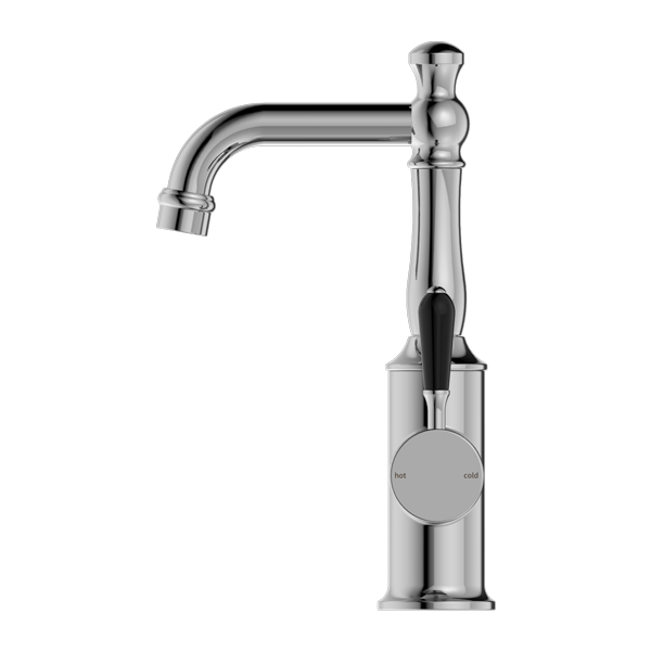 NERO YORK BASIN MIXER WITH BLACK PORCELAIN LEVER 265MM CHROME