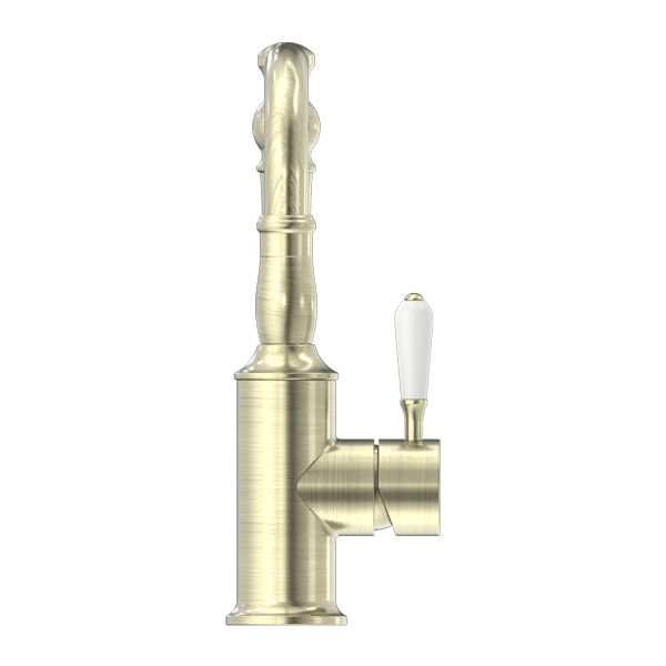 NERO YORK BASIN MIXER WITH WHITE PORCELAIN LEVER 265MM AGED BRASS