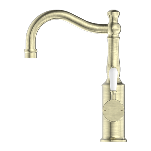 NERO YORK BASIN MIXER WITH WHITE PORCELAIN LEVER 265MM AGED BRASS