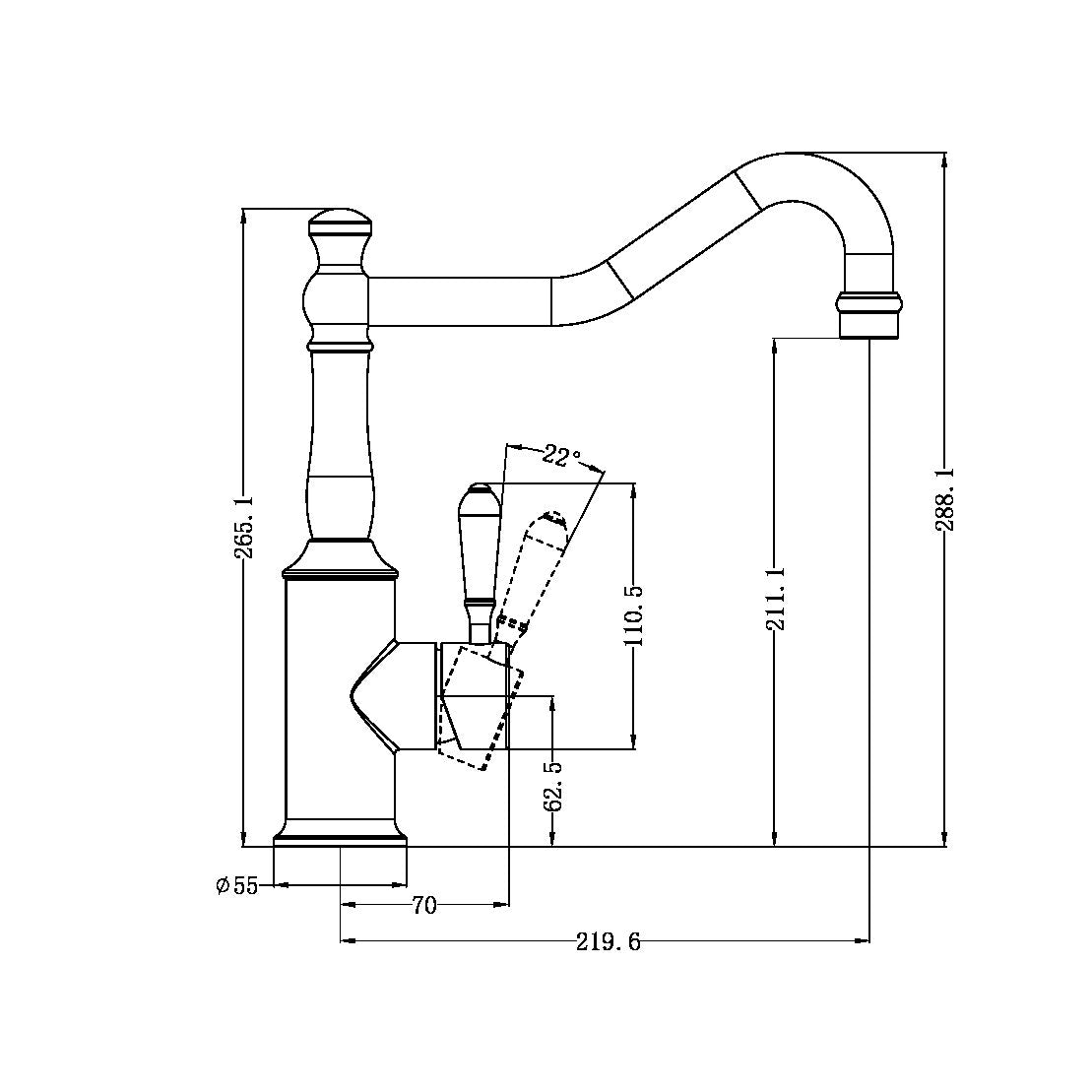 NERO YORK KITCHEN MIXER WITH METAL LEVER 265MM MATTE BLACK