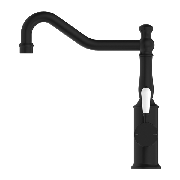 NERO YORK KITCHEN MIXER WITH WHITE PORCELAIN LEVER 265MM MATTE BLACK