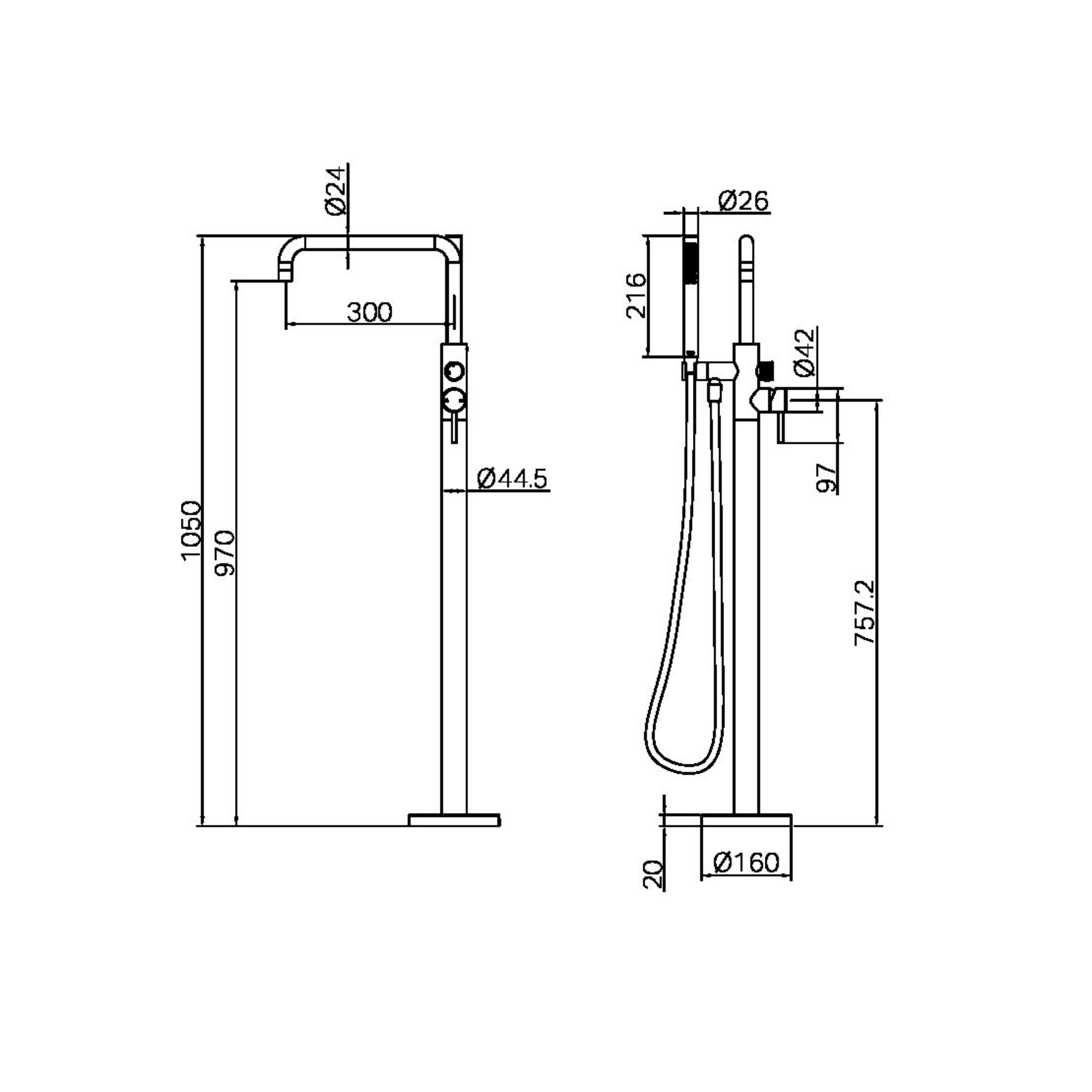 NERO ZEN FREESTANDING BATH MIXER WITH OUTDOOR SHOWER HOSE BRUSHED NICKEL