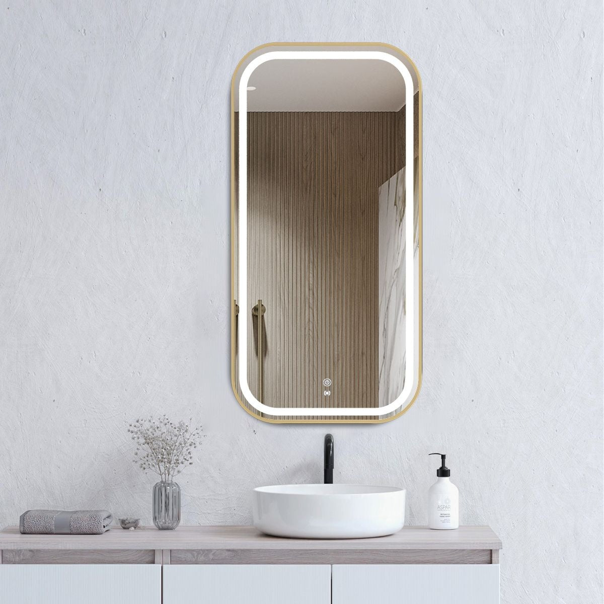 OTTI NEWPORT FRAMED RECTANGULAR LED MIRROR 3 COLOUR LIGHTS BRUSHED GOLD 450X900MM