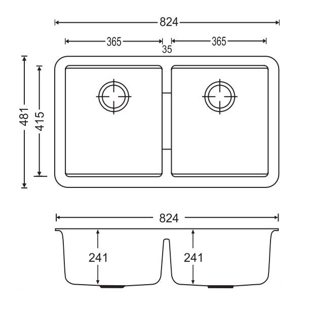 AQUAPERLA DOUBLE BOWL KITCHEN SINK BLACK GRANITE 824MM