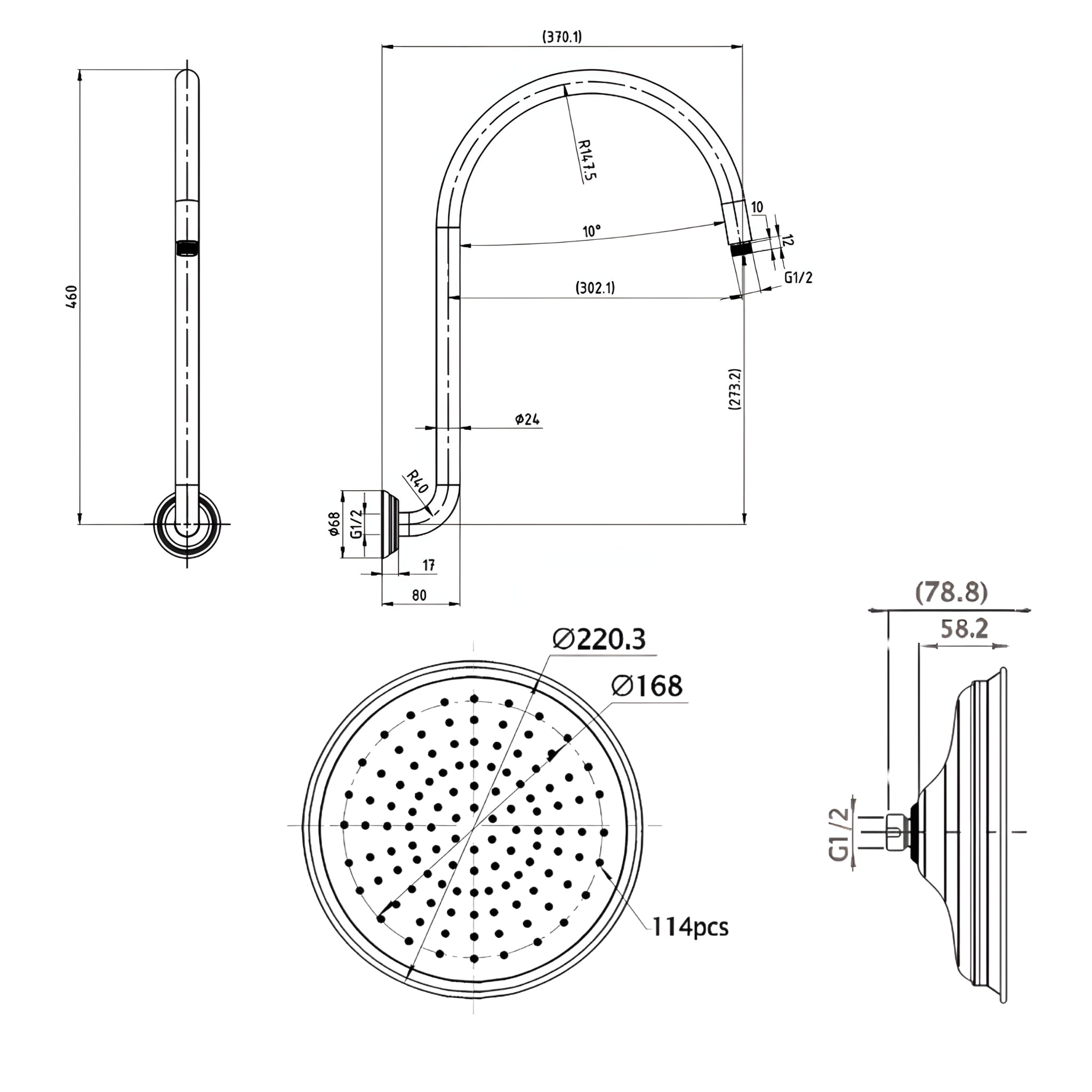 LINKWARE AUGUSTINE LEAD FREE SHOWER HEAD AND ARM 460MM CHROME