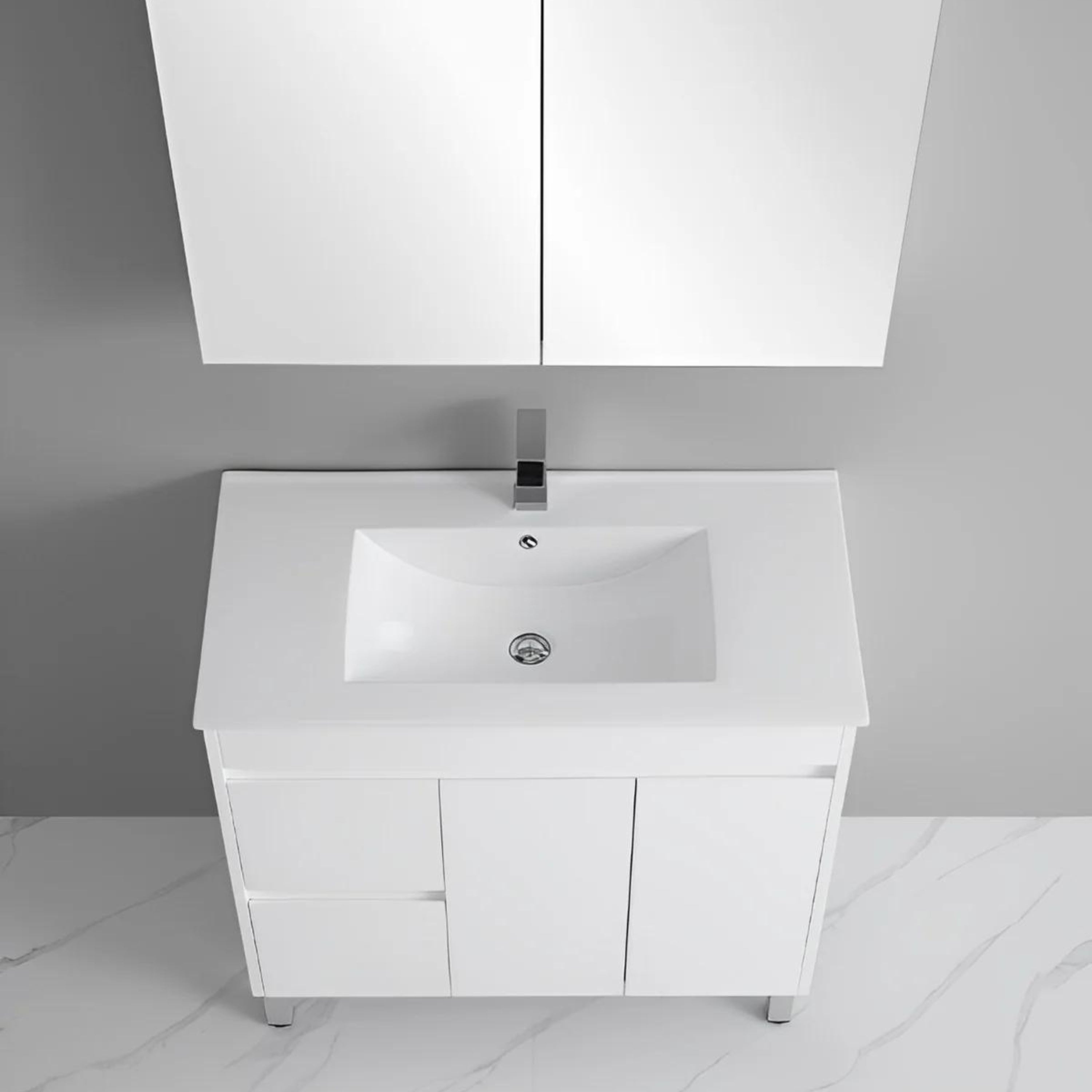 POSEIDON WHITE 900MM SINGLE BOWL FLOOR STANDING VANITY (AVAILABLE IN LEFT AND RIGHT HAND DRAWER)