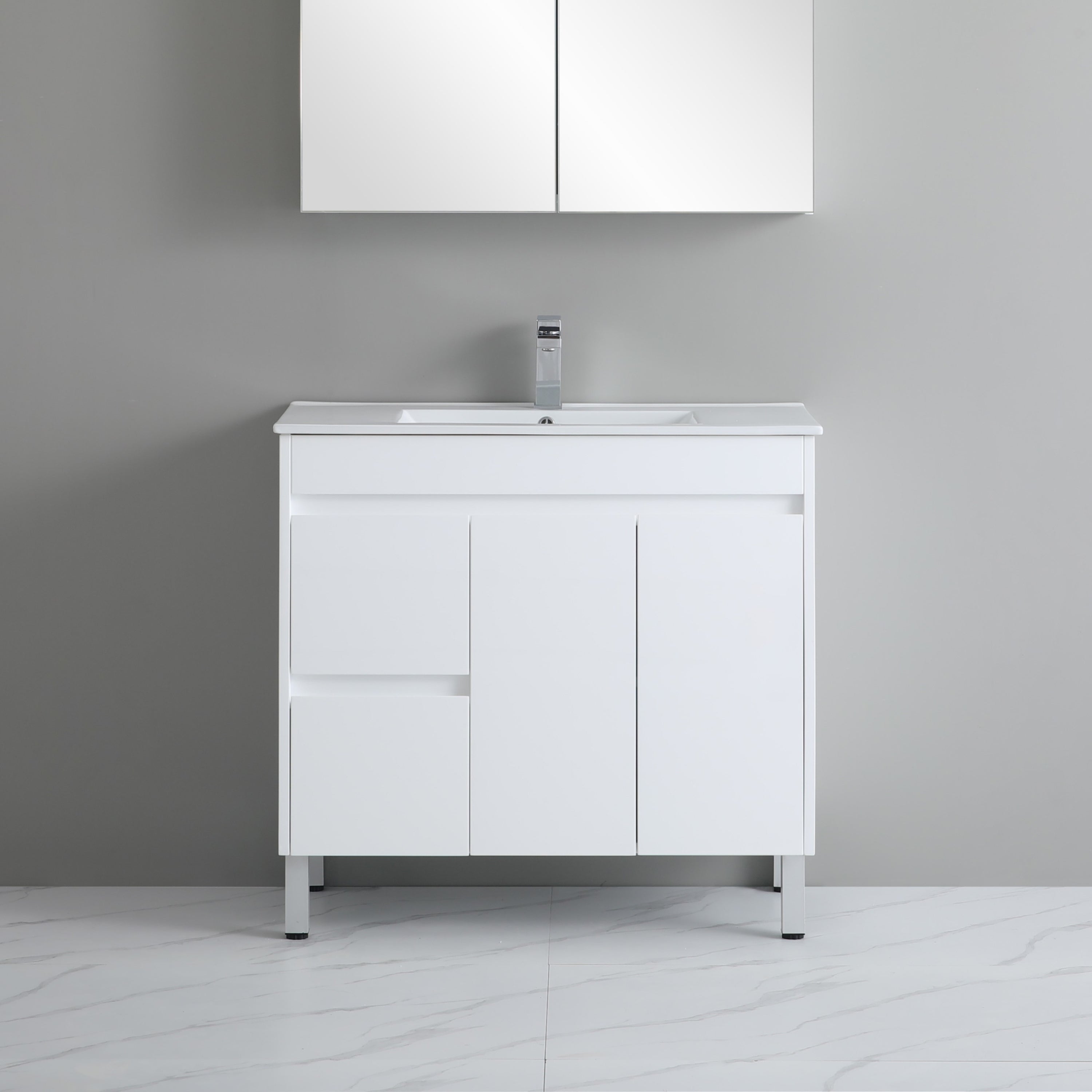 POSEIDON WHITE 900MM SINGLE BOWL FLOOR STANDING VANITY (AVAILABLE IN LEFT AND RIGHT HAND DRAWER)