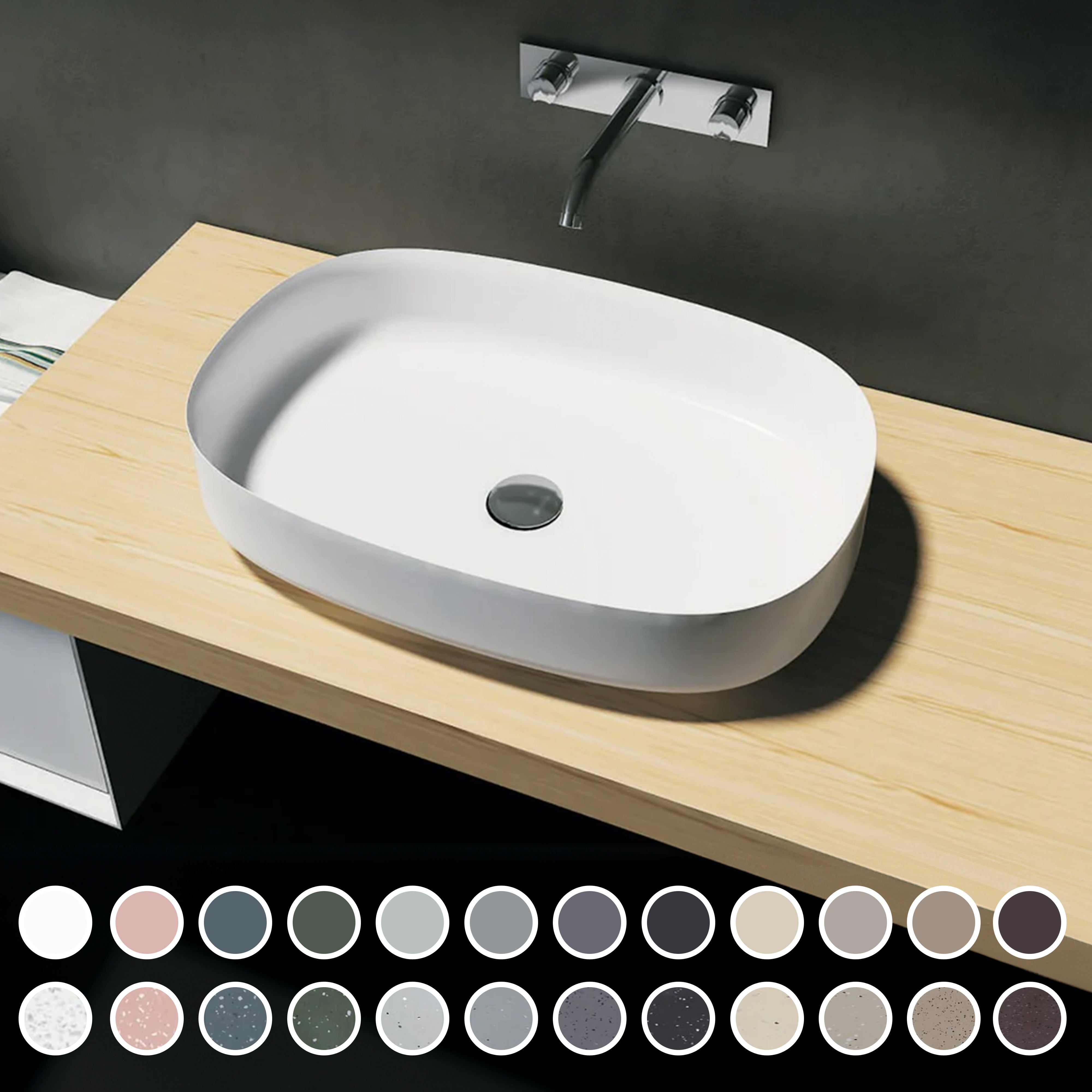 PIETRA BIANCA BIANCA ABOVE COUNTER STONE BASIN WITH CUSTOM COLOURS 600MM