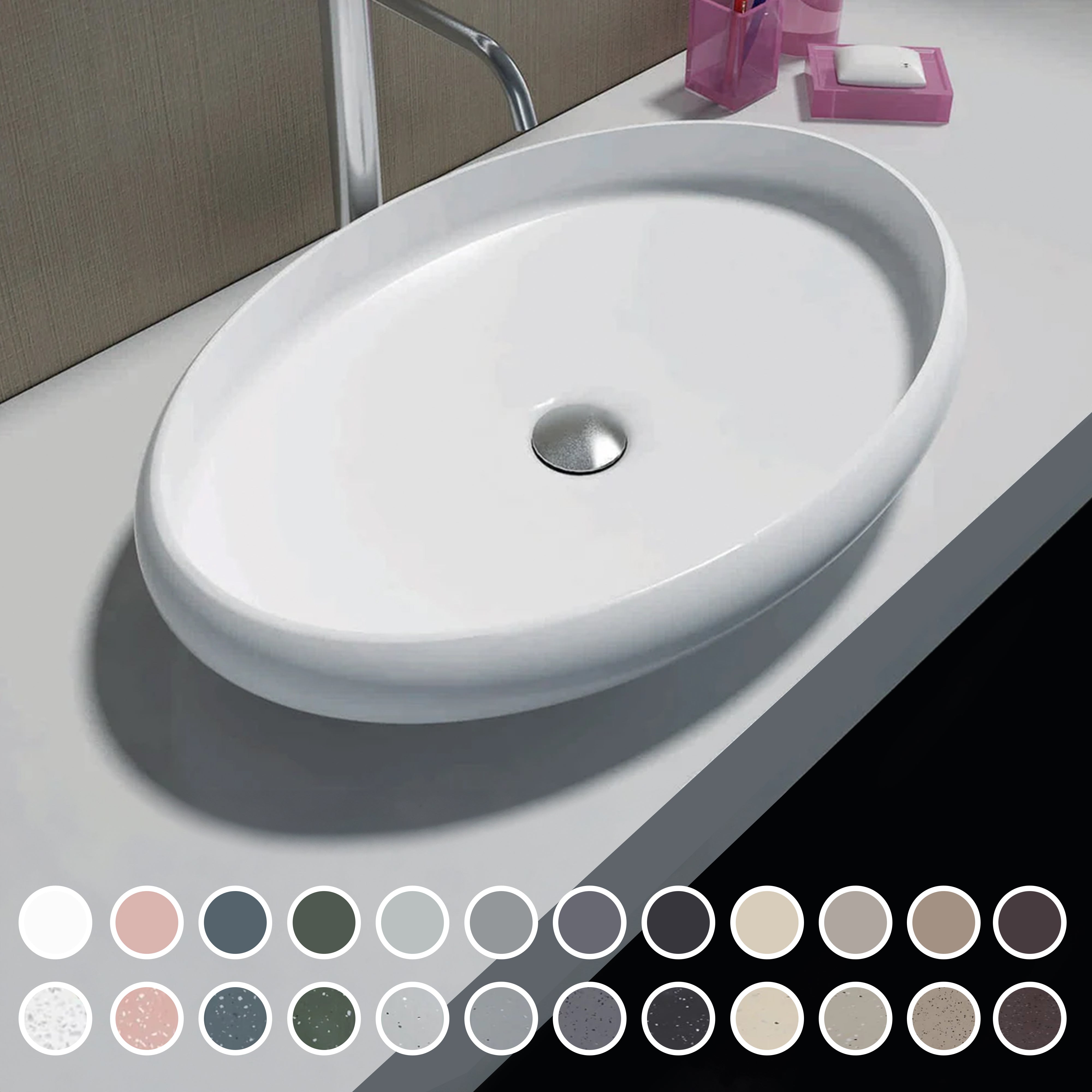 PIETRA BIANCA PIERO ABOVE COUNTER STONE BASIN WITH CUSTOM COLOURS 600MM