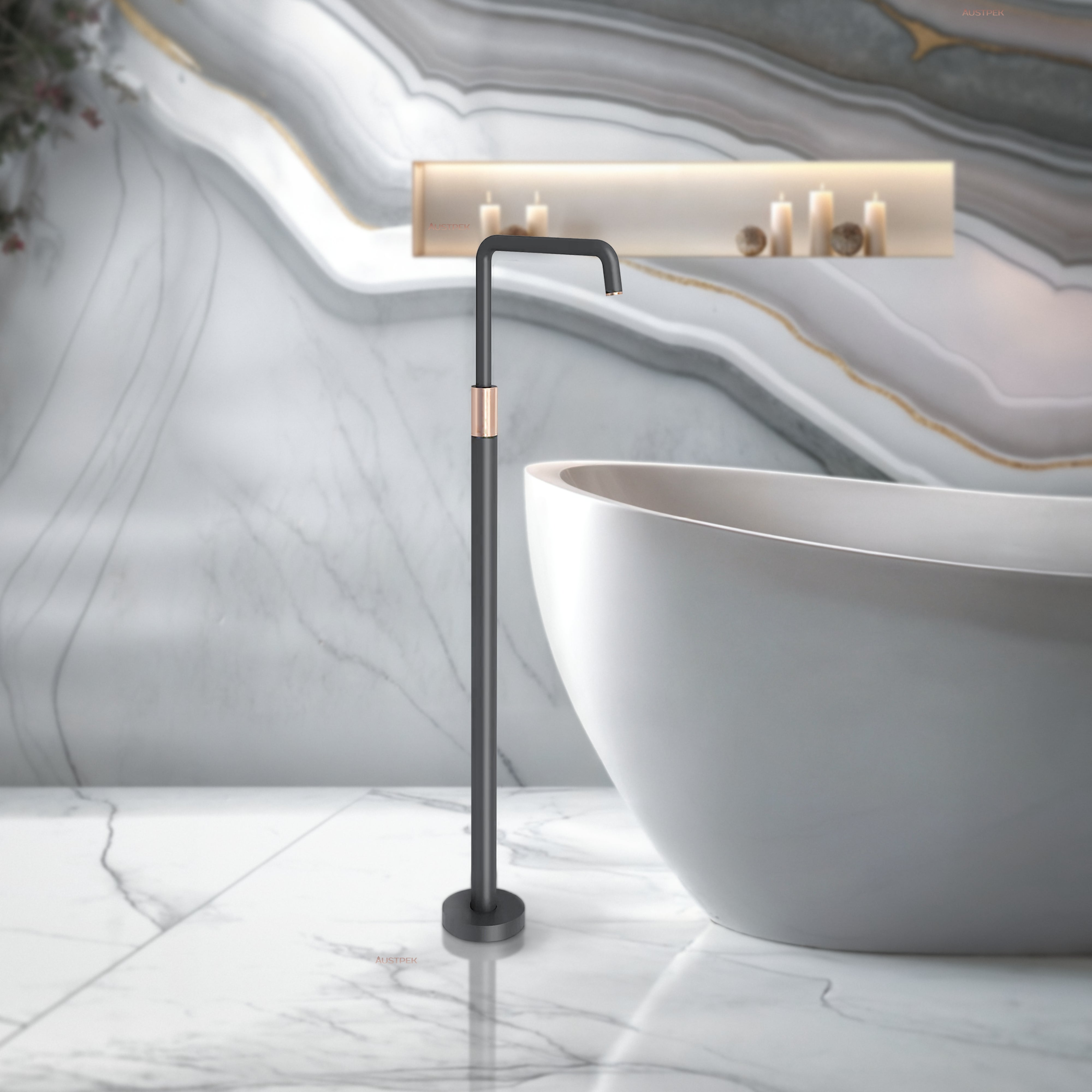 PHOENIX TOI FLOOR MOUNTED BATH MIXER MATTE BLACK AND BRUSHED ROSE GOLD