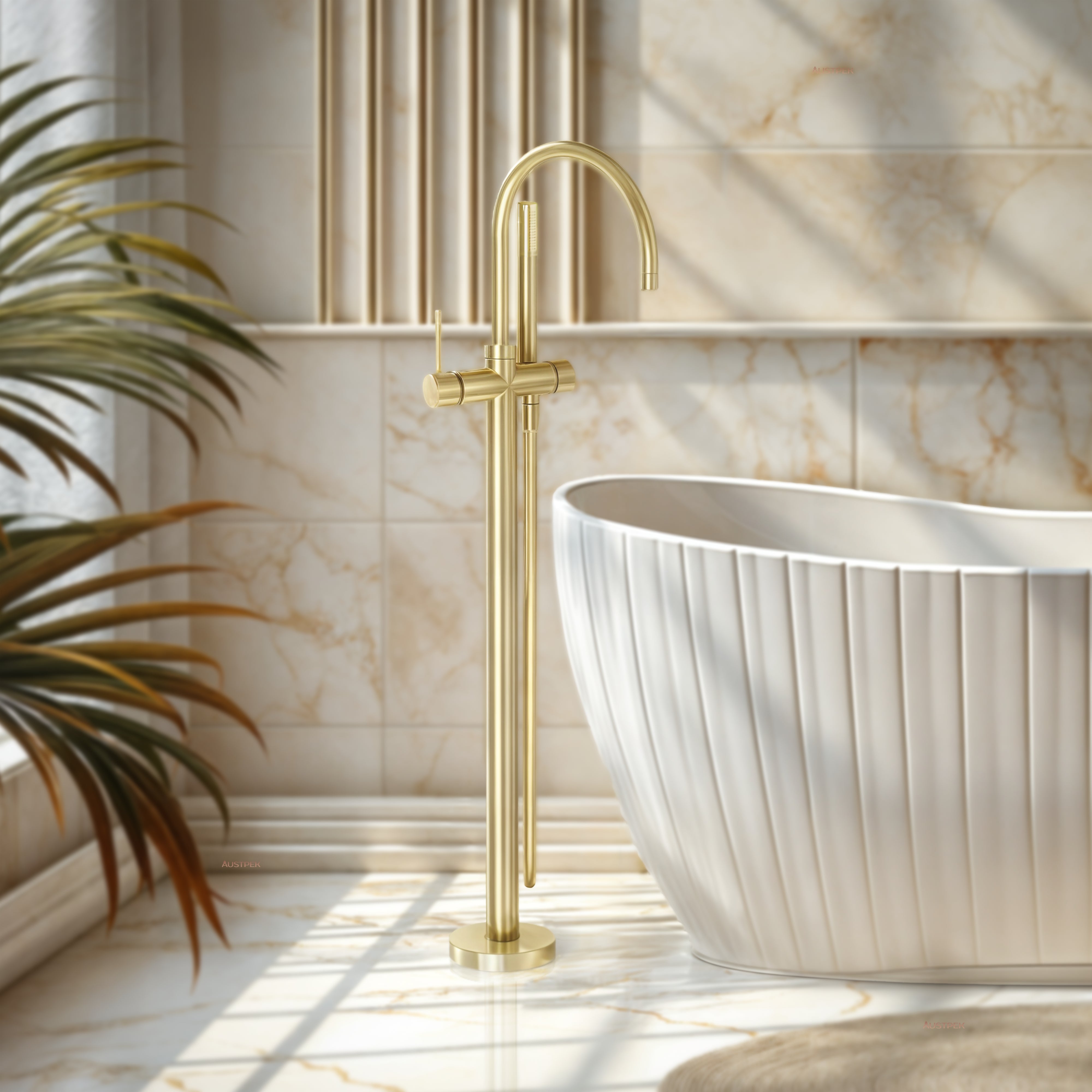 PHOENIX VIVID SLIMLINE FLOOR MOUNTED BATH MIXER WITH HAND SHOWER BRUSHED GOLD