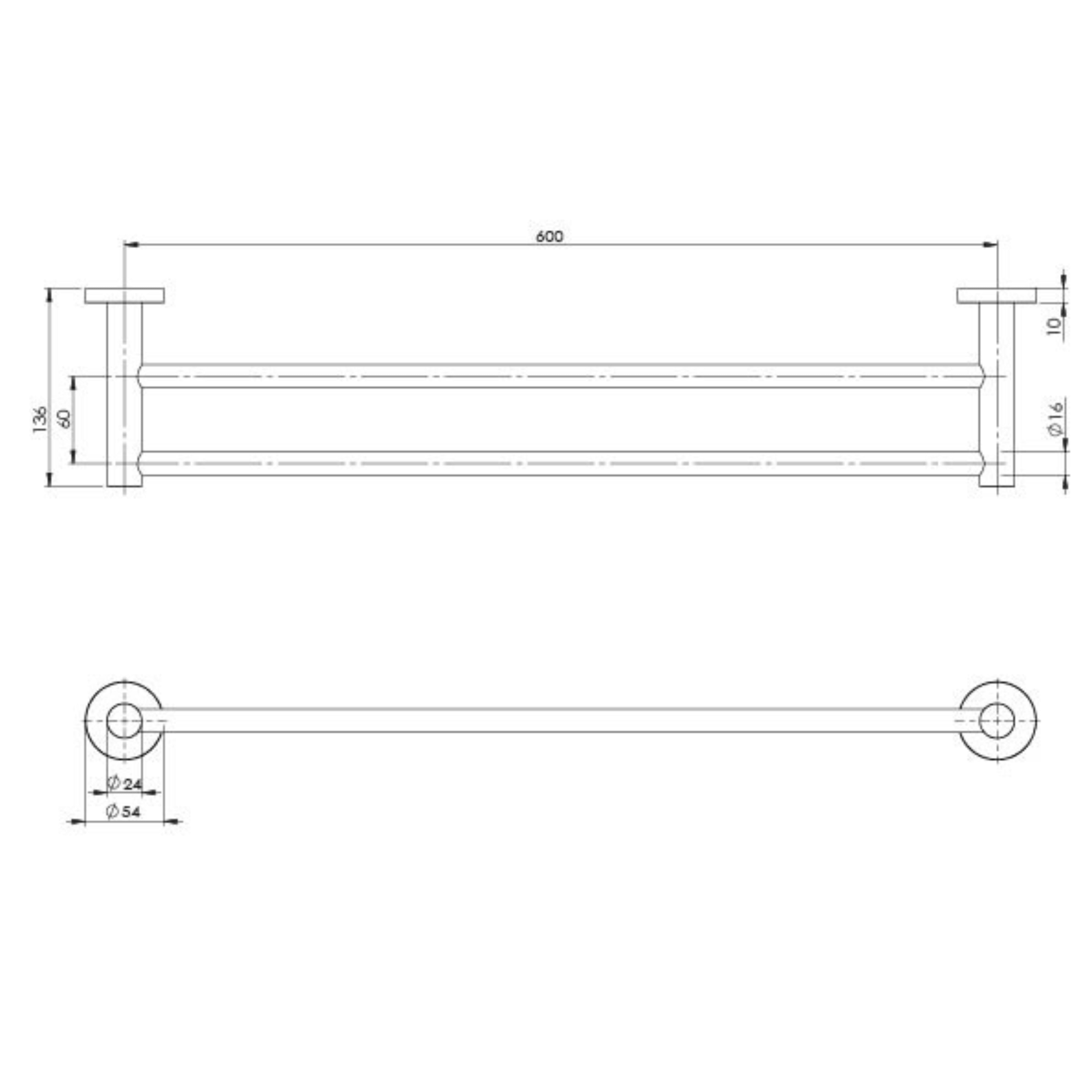 PHOENIX RADII DOUBLE NON-HEATED TOWEL RAIL ROUND PLATE BRUSHED CARBON 600MM