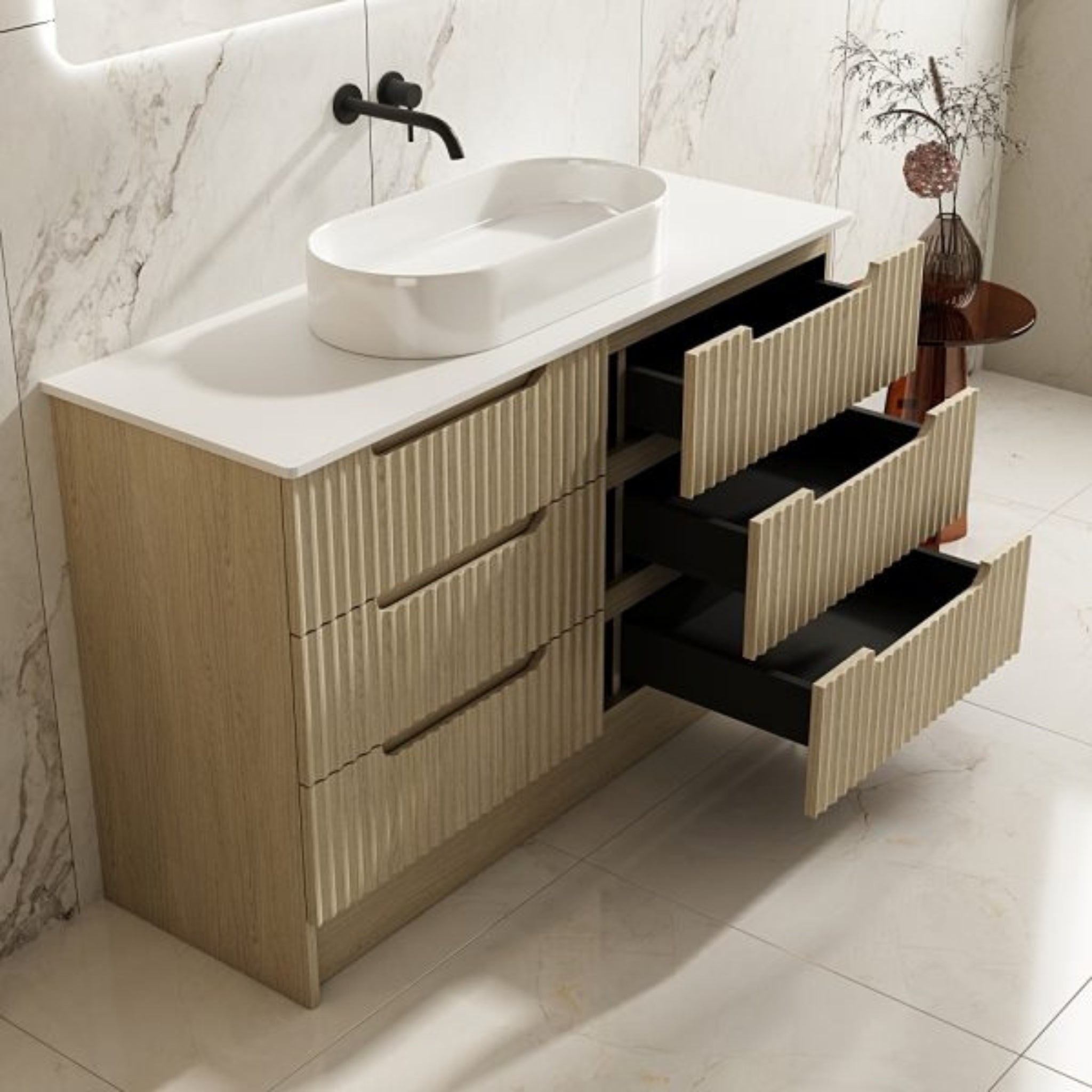 MERCIO RHEA FLUTED NATURAL OAK 1200MM SINGLE BOWL FLOOR STANDING VANITY