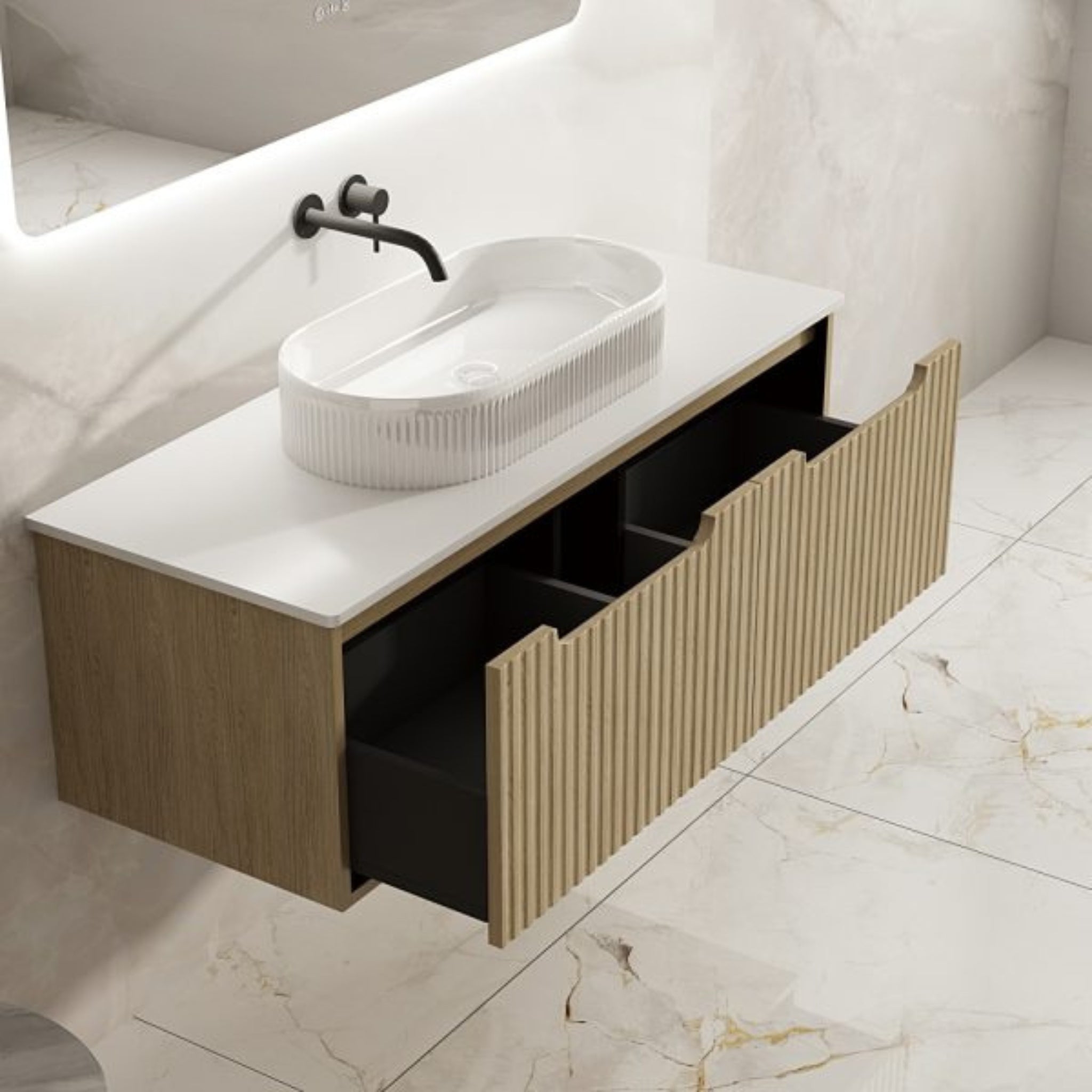 MERCIO RHEA FLUTED NATURAL OAK 1200MM SINGLE BOWL WALL HUNG VANITY