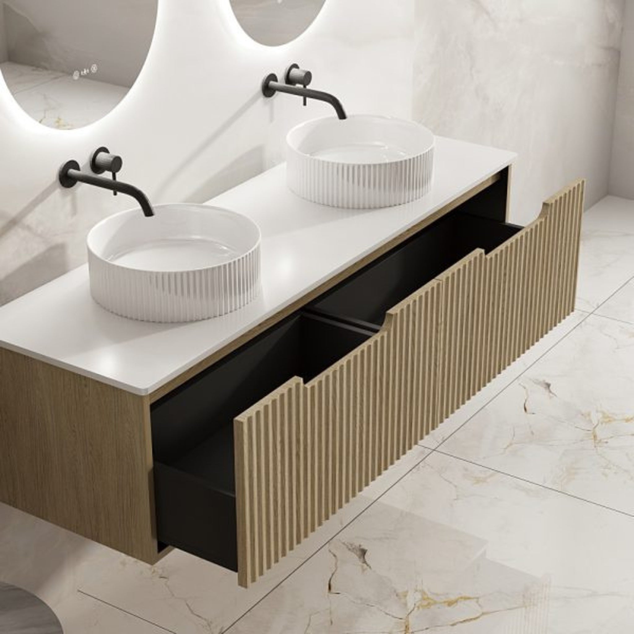 MERCIO RHEA FLUTED NATURAL OAK 1500MM DOUBLE BOWL WALL HUNG VANITY