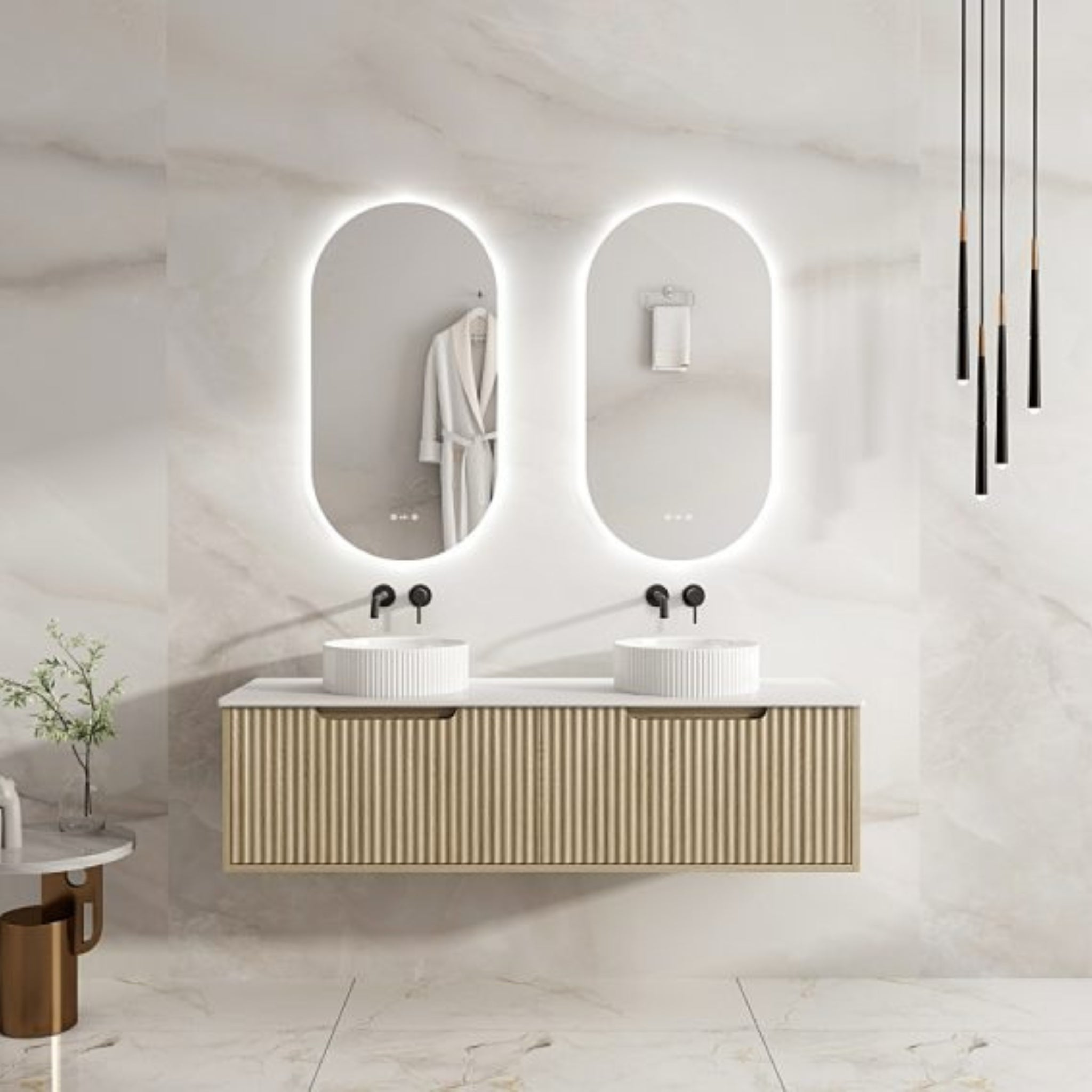 MERCIO RHEA FLUTED NATURAL OAK 1500MM DOUBLE BOWL WALL HUNG VANITY